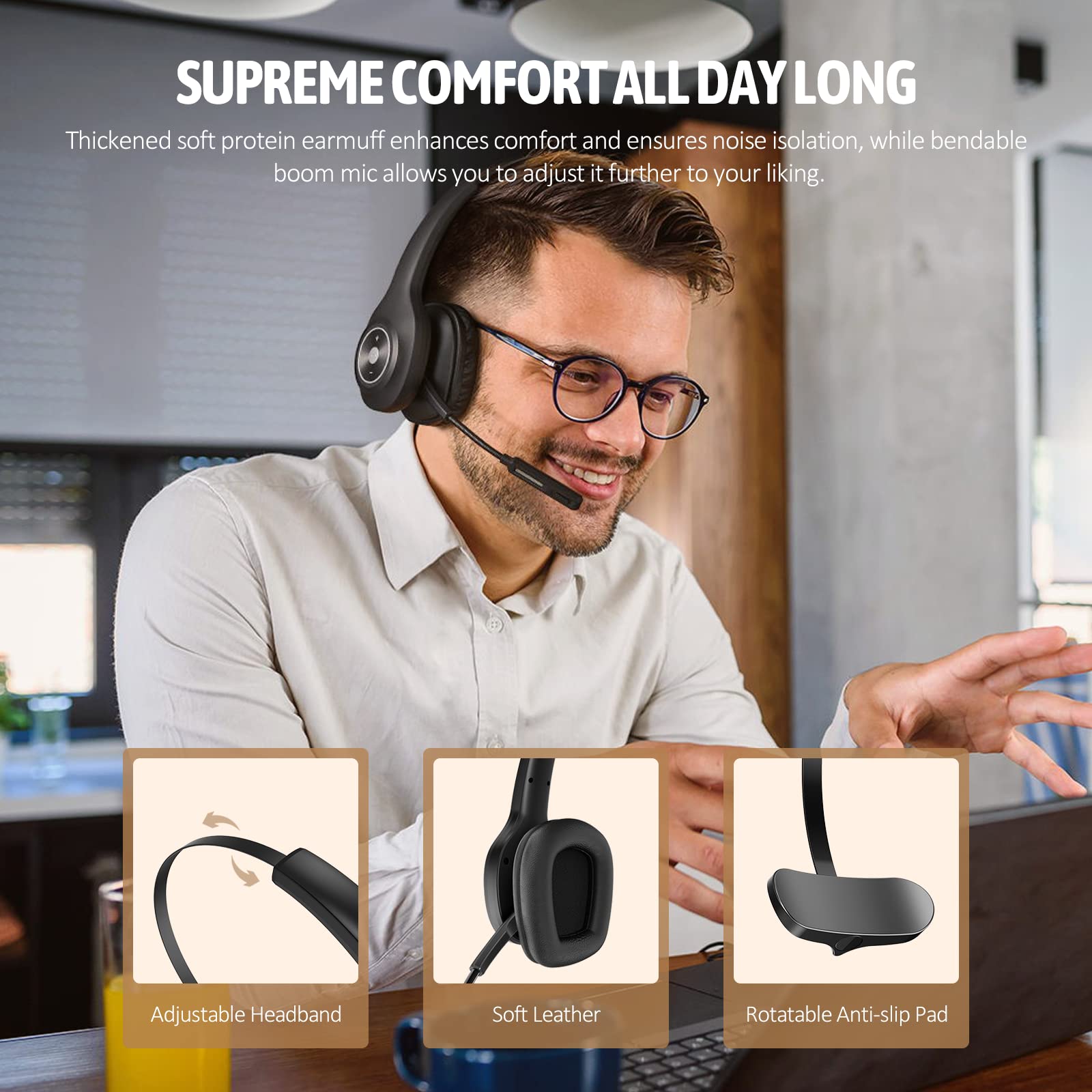 PrancyBt Trucker Bluetooth Headset, Wireless Headset with Mic for PC, Bluetooth Headset with Microphone Noise Cancelling, Mute Button, 55H Talk Time, for Cell Phones, Computer, Truck Drivers (Black)