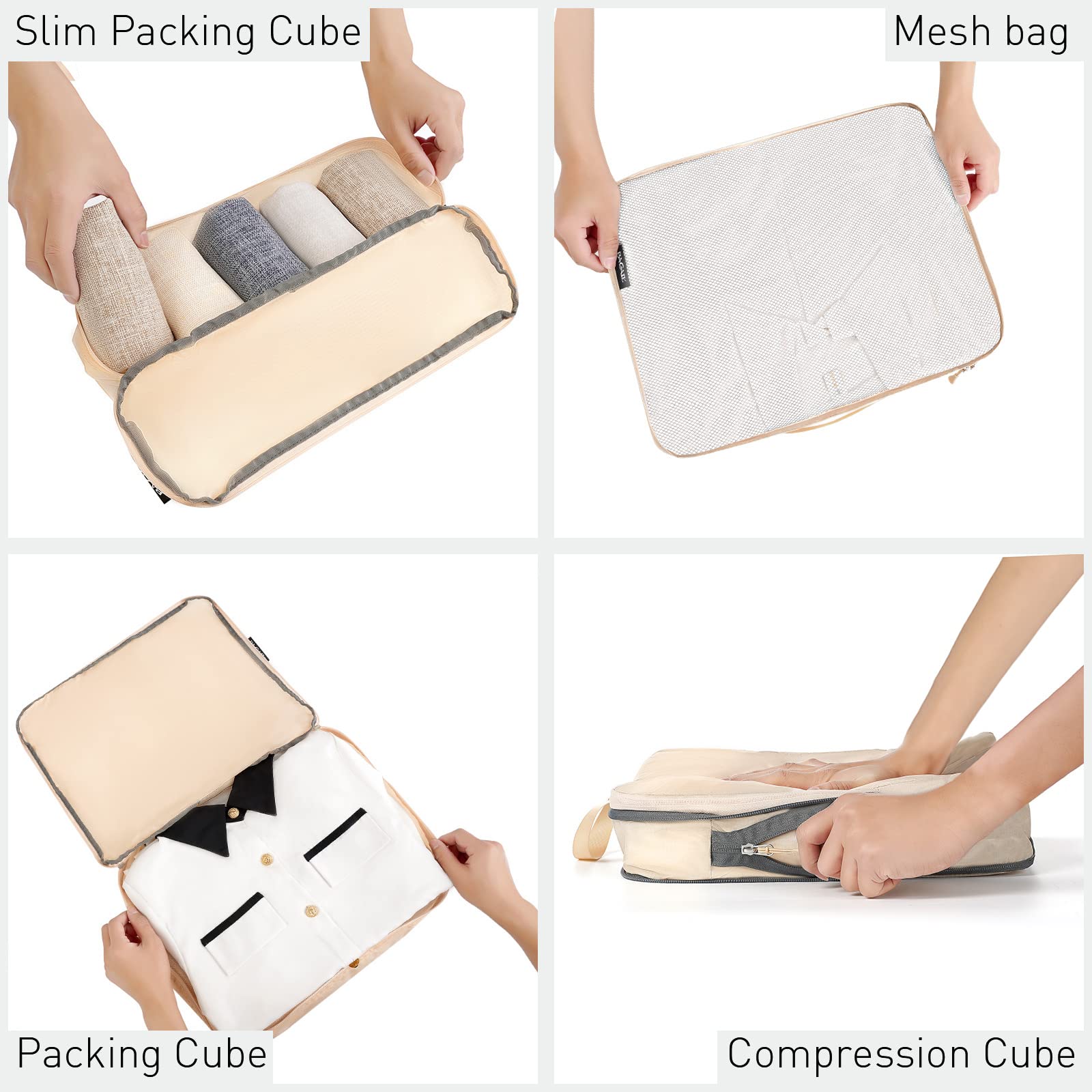 Bagail 7 Set, Ultralight 3 Compression Packing Cubes 3 Packing Organizers With 1 Shoe Bag-Beige