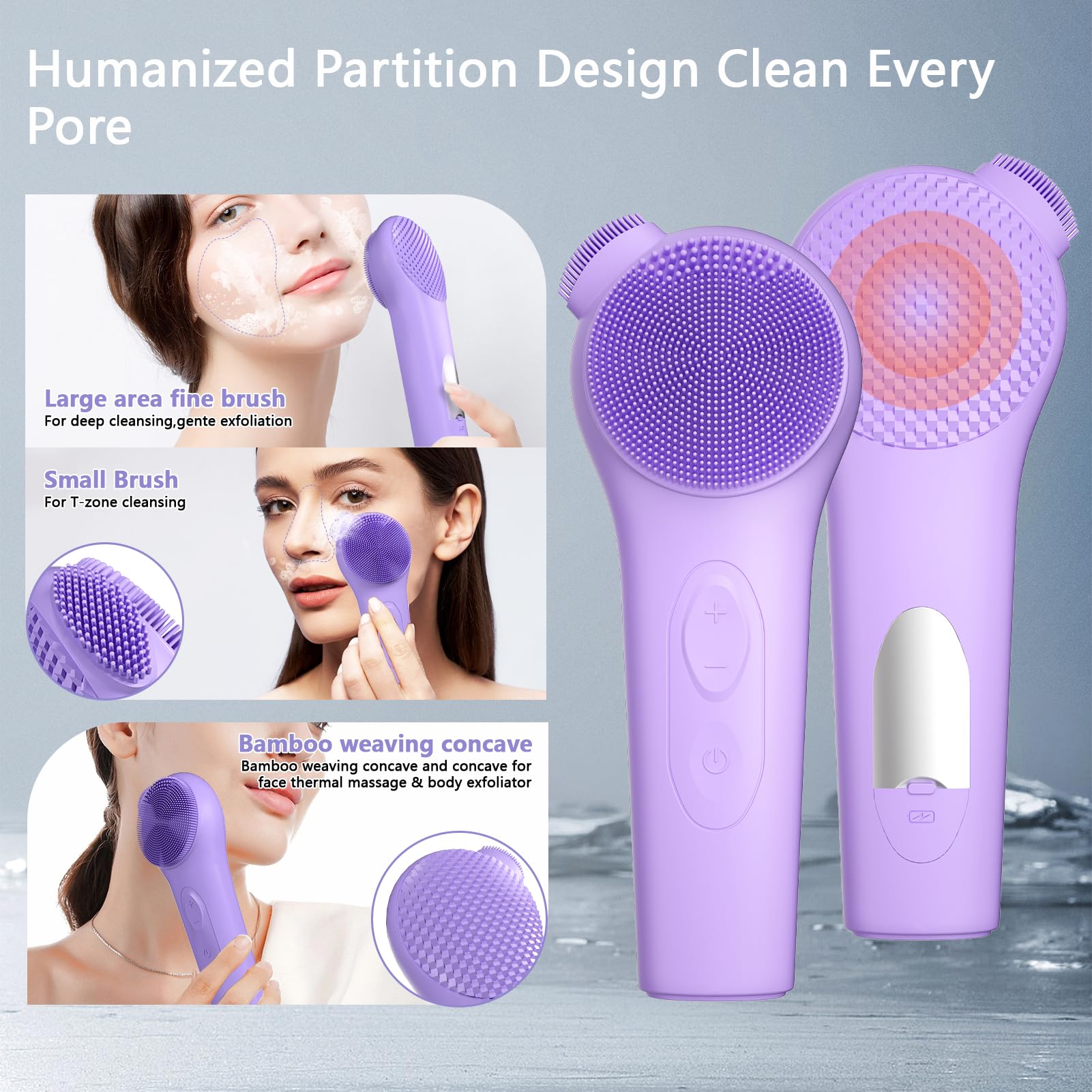 ADINC Silicone Face Scrubber, Waterproof Rechargeable Facial Cleansing Brush, 5 Cleansing Modes with Nose Brush for Women & Men Electric Face Wash Brush for Deep Cleaning Exfoliating, Massaging Purple