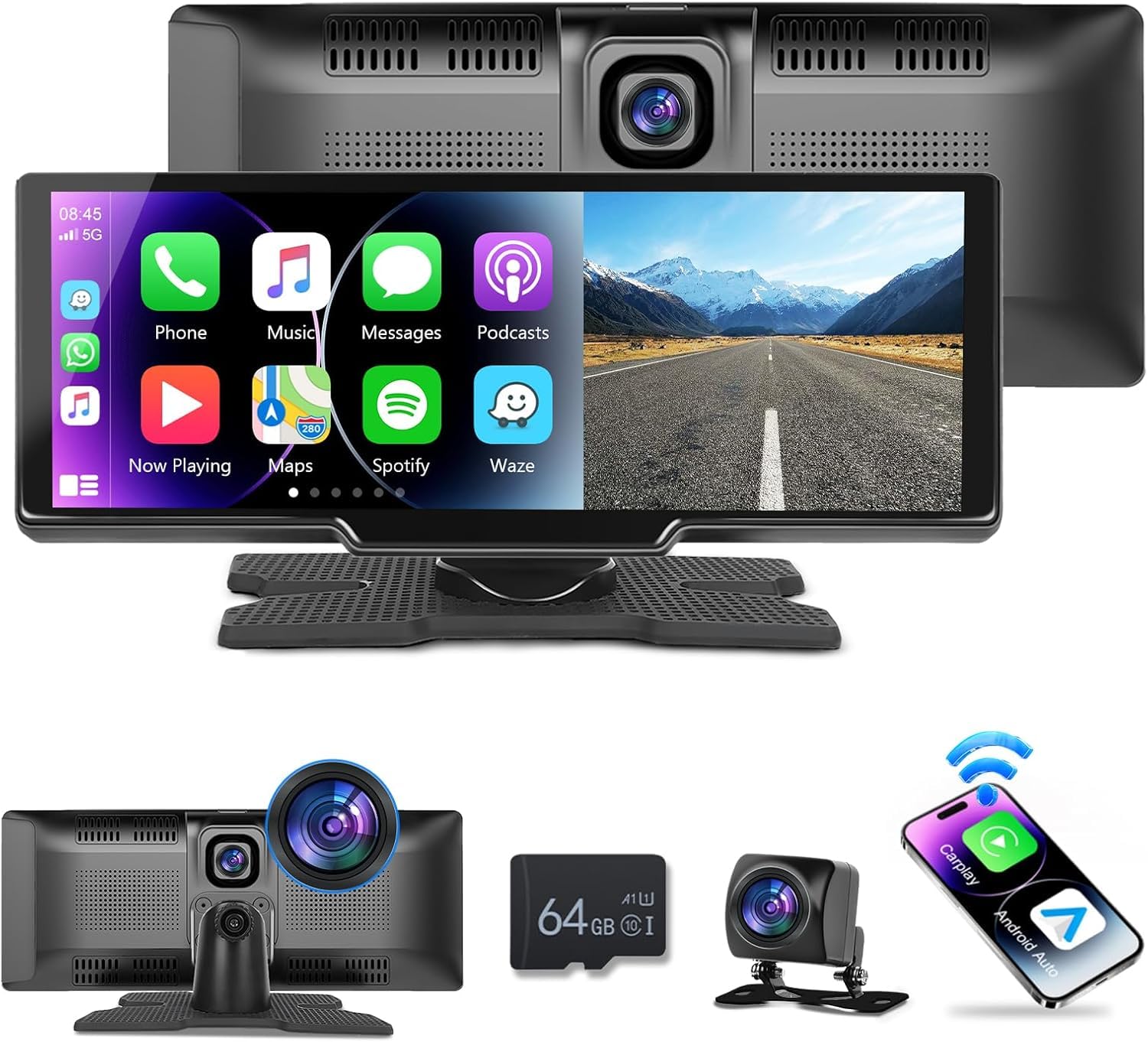 Podofo 9.3'' Wireless Carplay Screen for Car,HD 2.5K Front and AHD Backup Camera,Android Auto Airplay Mirror Link Touch Screen Bluetooth GPS Voice Control 64G TF Card,Car Play Screen for Car