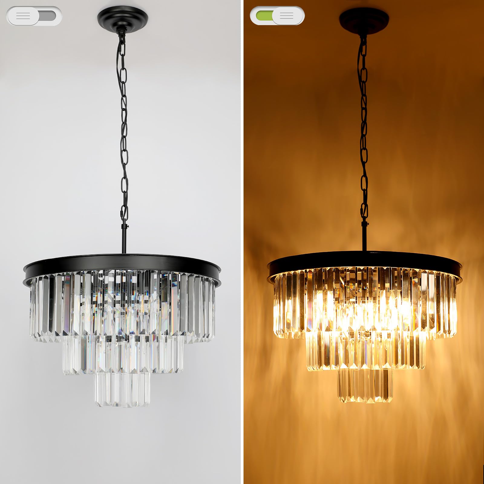 Weesalife Black Crystal Chandeliers for Dining Room Lights Fixtures, 9 Lights Modern Contemporary Chandeliers for Bedroom, 3-Tier Round Crystal Chandeliers for Living Room Entryway Kitchen Island