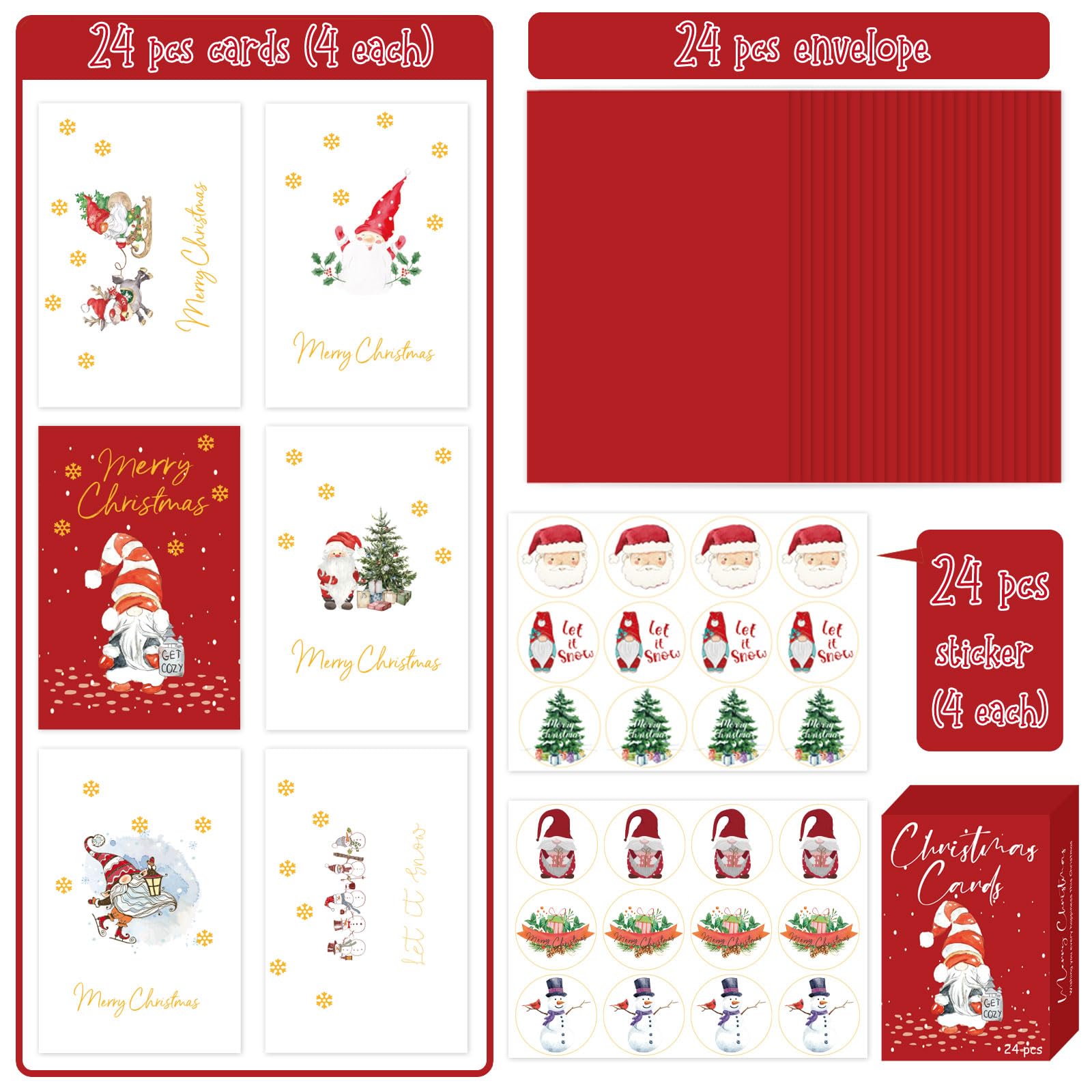 RINOLY Set of 24 Gnome Christmas Cards Boxed with Envelopes and Stickers,Gold Foil Christmas Gnome Cards,6 Assorted Designs Holiday Cards,Bulk Christmas Greeting Cards- 4x6 inch