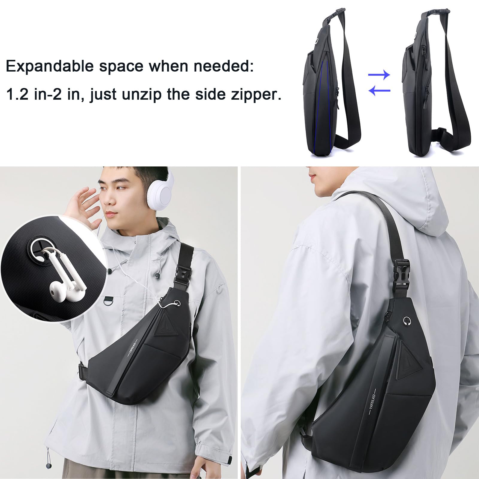 Slim Sling Bag, Anti-Theft Crossbody Chest Shoulder Backpack Water Resistant Personal Pocket Bag for Hiking Travel (Black- Left Hand)