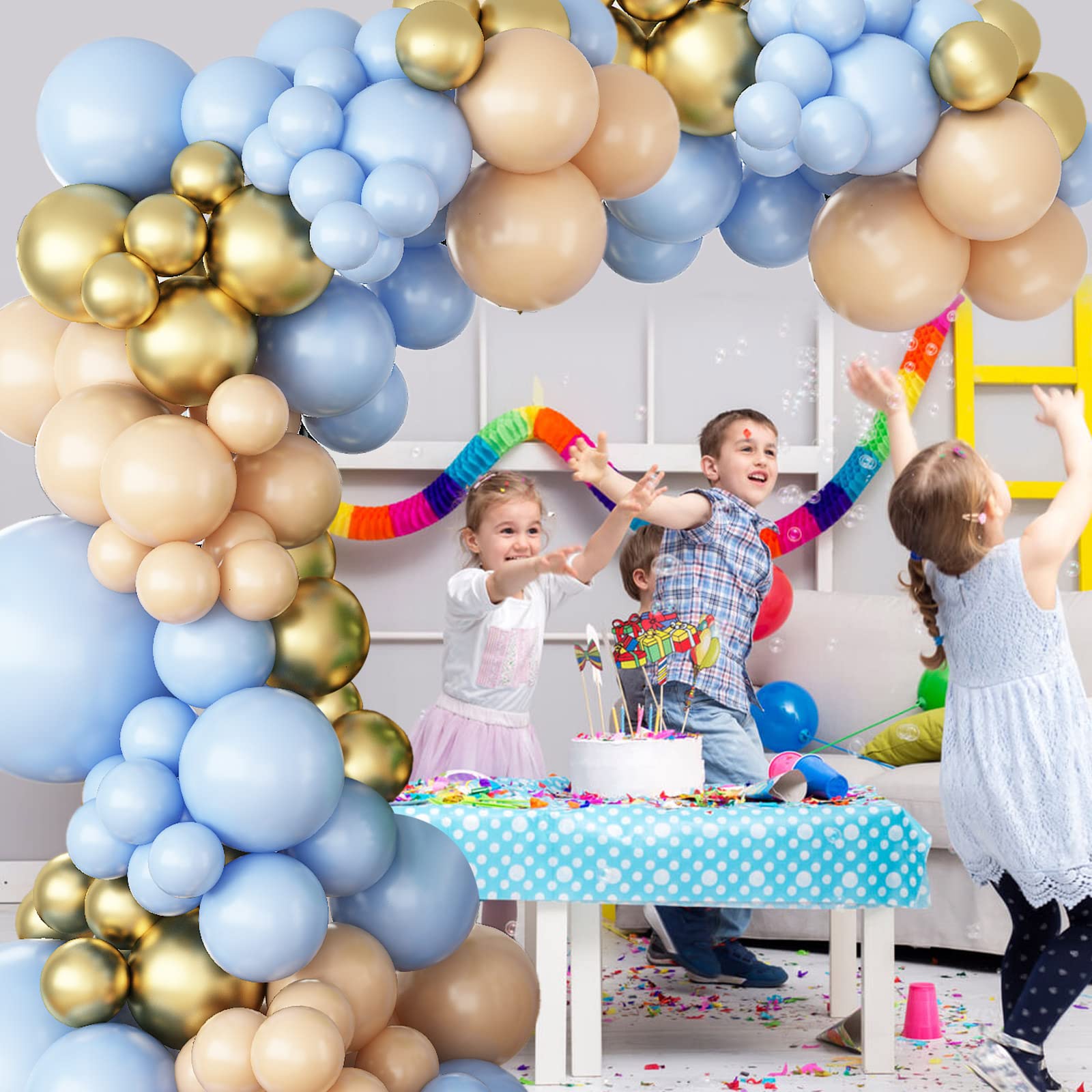 Blue and Nude Balloon Garland Kit, Baby Shower Arch Kit, Macaron Blue Retro Apricot Gold Latex Balloons for Boys Girls Birthday Wedding Gender Reveal Engagement Party Decorations