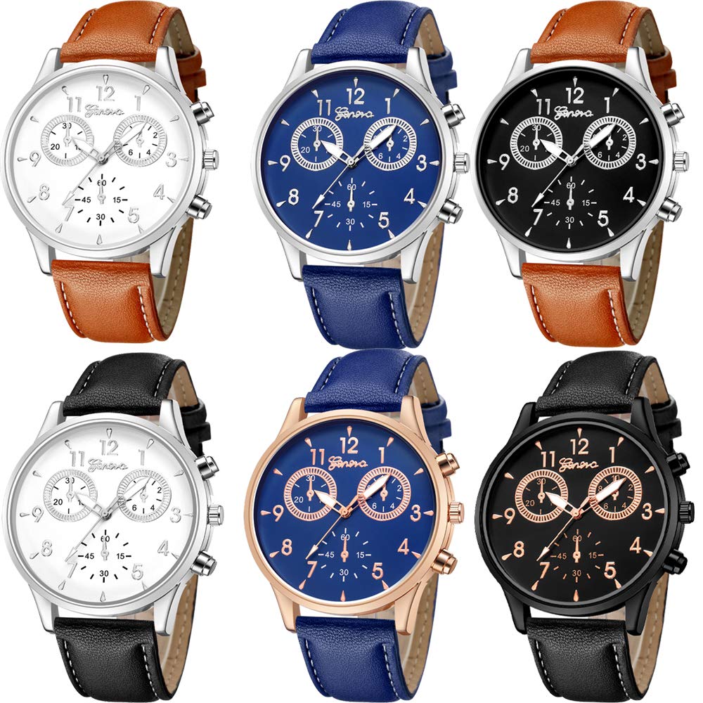 yunanwa 6 Pack Men's Leather Quartz Watch Geneva Casual Dress Wrist Band Watches Wholesale Lots Set (6pcs-635)