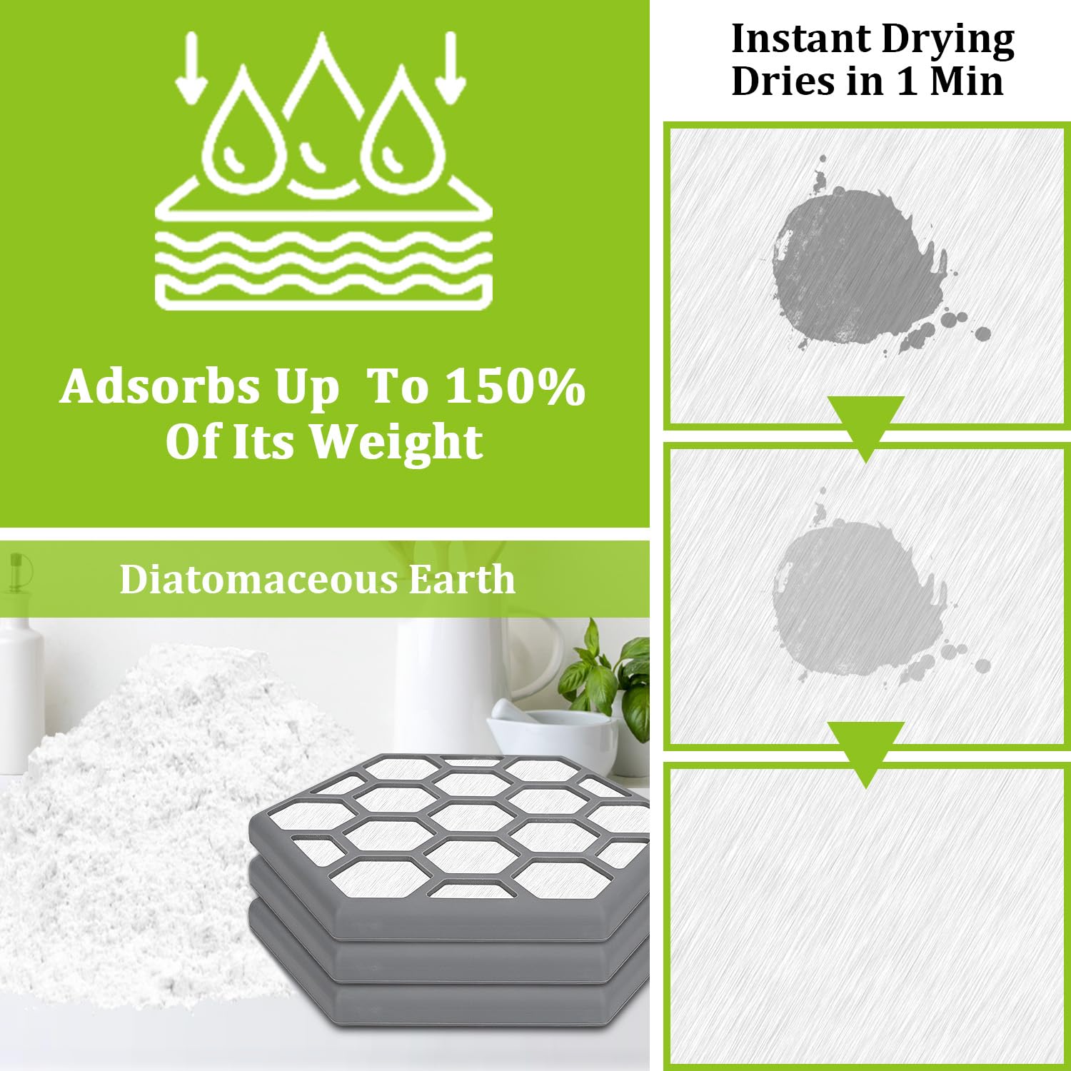 Stone Drying Mat for Kitchen Counter,Instant Dry Diatomaceous Earth Stone Rack Tableware Mat wit Antislip Silicone Pad,Heat Resistant,Fast Dry,Super Absorbent Multi-Purpose Stone Dish Drying Mat Tray