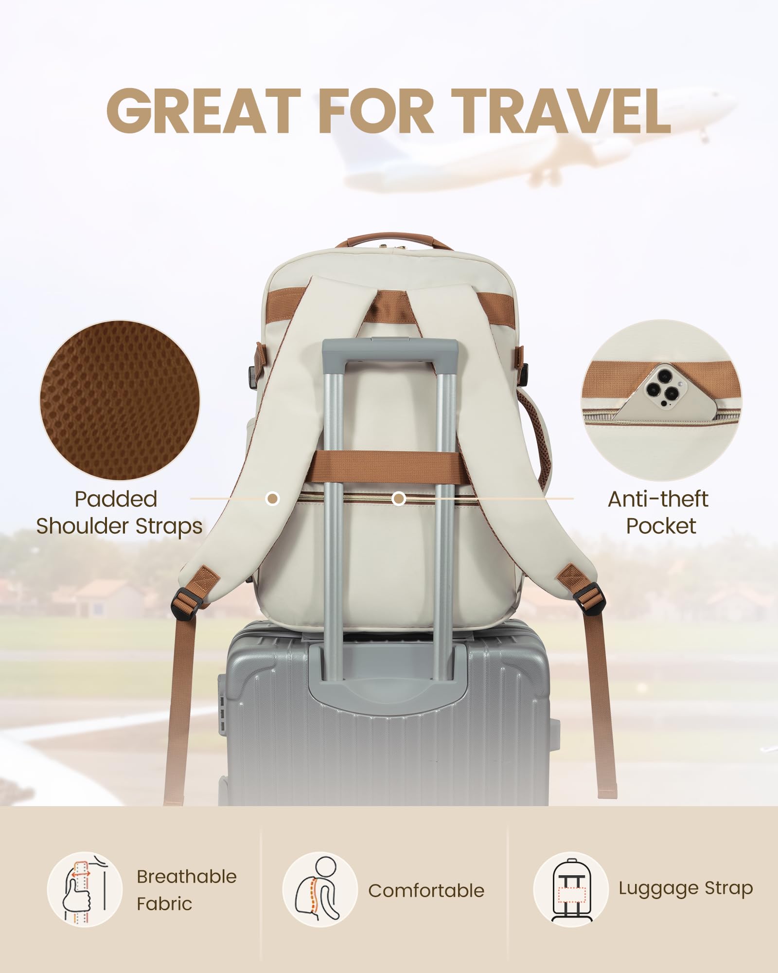 LOVEVOOK Travel Backpack for Women Men as Personal Item Flight Approved, 40L Luggage Carry On Backpack,17.3inch Large Daypack Laptop Backpack Waterproof Outdoor Sports with 3 Packing Cubes,Beige-Brown