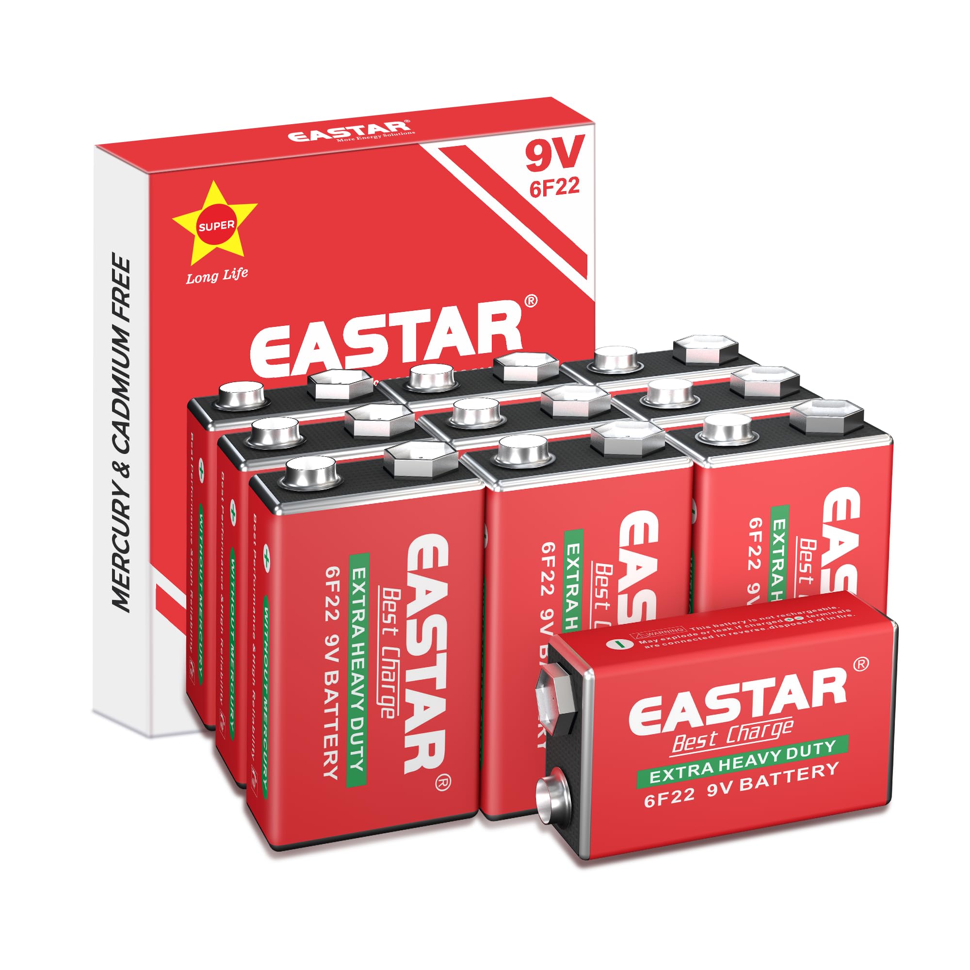 EASTAR BTS 9V Zinc Carbon Batteries 10 Pack - 9 Volt Batteries for Smoke Detector & Low Drain Devices, 6F22 Square Battery with Long-Lasting Power for Household & Office