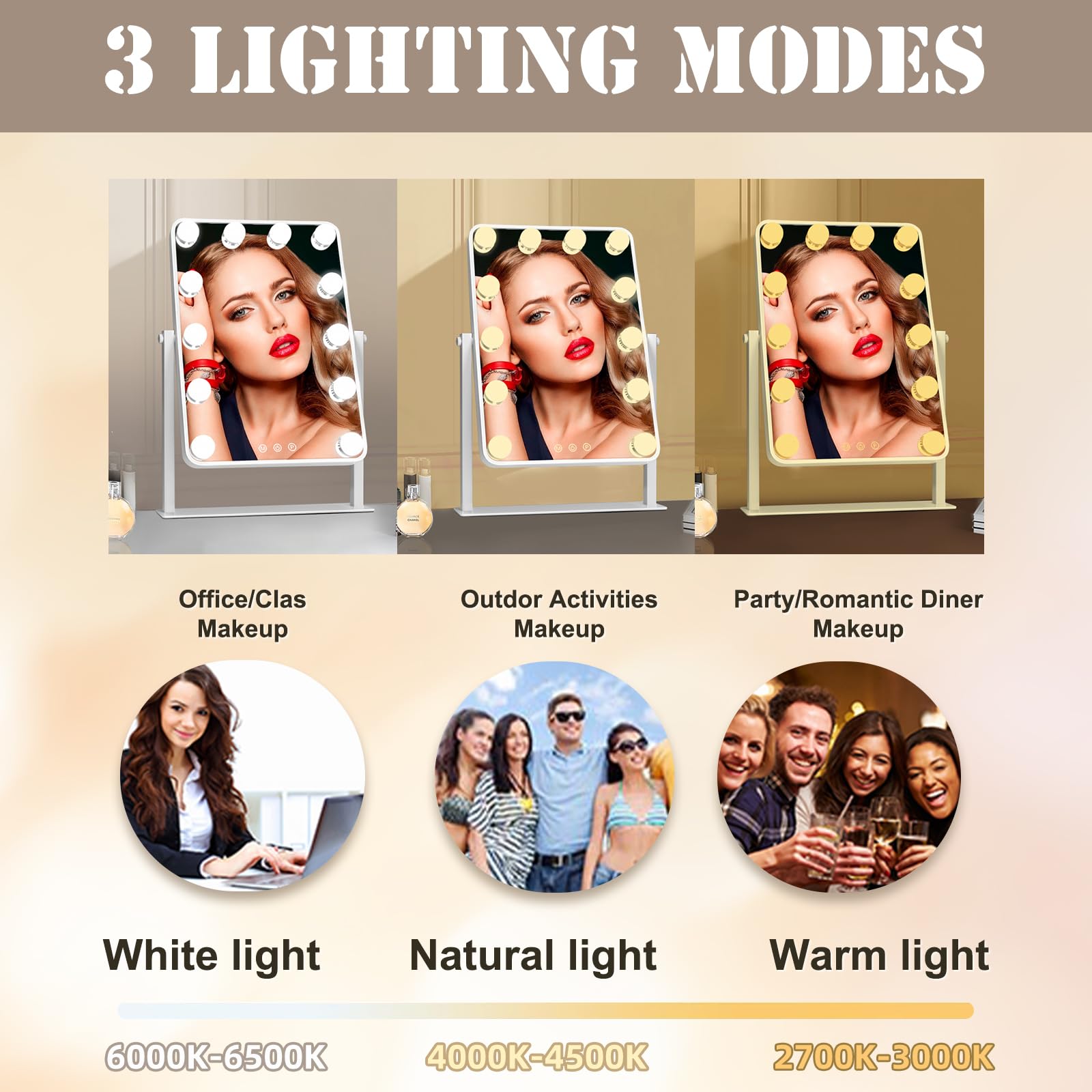 Leadzones Makeup Vanity Mirror with Lights,17.5"×13.7" Tabletop Led Hollywood Mirror with 12 Dimmable Bulbs,Smart Touch Control 3 Colors Light 10X Magnification 360°Rotation