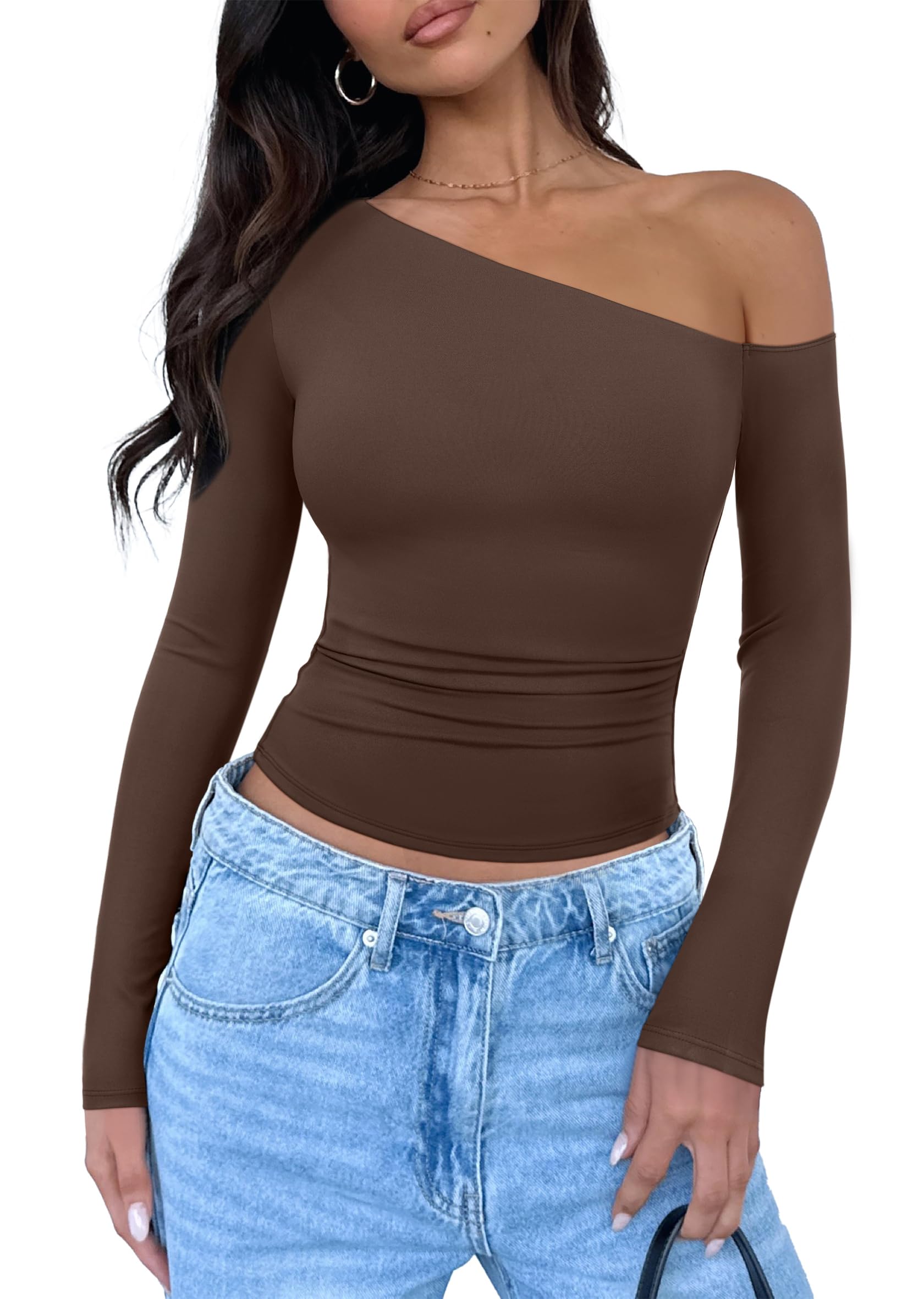 REORIA Womens Trendy Long Sleeve Shirts Double Lined Casual Slim Fitted Tee Y2K 2025 Fall Off The Shoulder Tops Brown