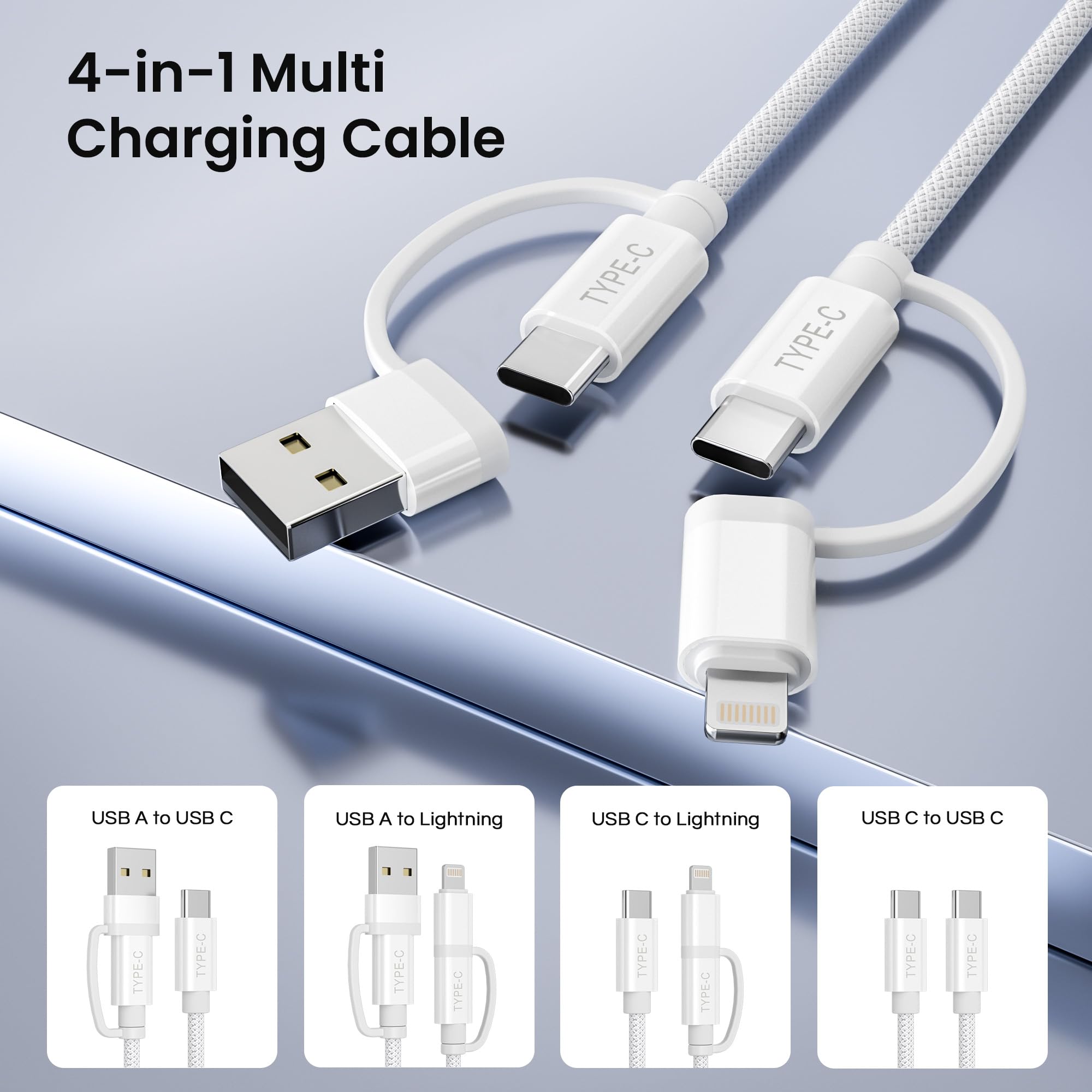 Basesailor Car Charger Cable for iPhone 16 15 Pro,4-in-1 Universal USB C Charging Cord 6.6FT for AirPods 4/4th Generation,60W Multi Charger Cord with USB C/Lightning Adapter for CarPlay,iWatch 10,S24