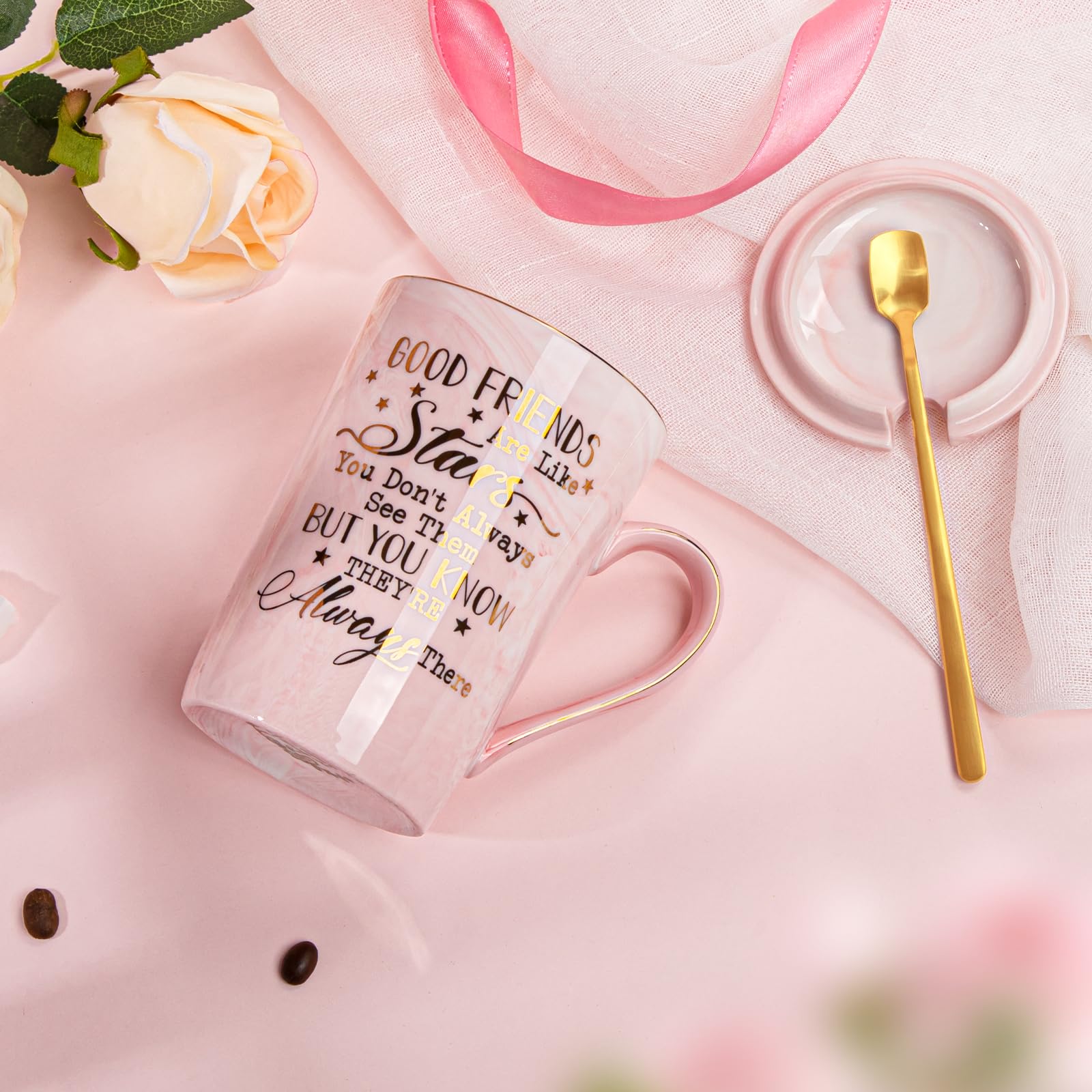 Best Friends, Friendship Gifts for Women Birthday Christmas Gifts for Women Unique Birthday Gifts Ideas for Her, Friends Female, Besties, BFF Ceramic Marble Coffee Mug Gift Box Printed Gold 14 oz Pink