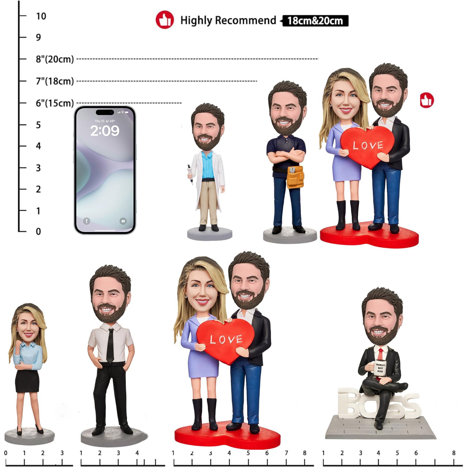 Custom Bobble Head – Personalized Bobblehead Figurines with Skin Tone, Hair & Accessories | Couples, Family, Group, Graduation & Business | Proof Provided Prior to Completion