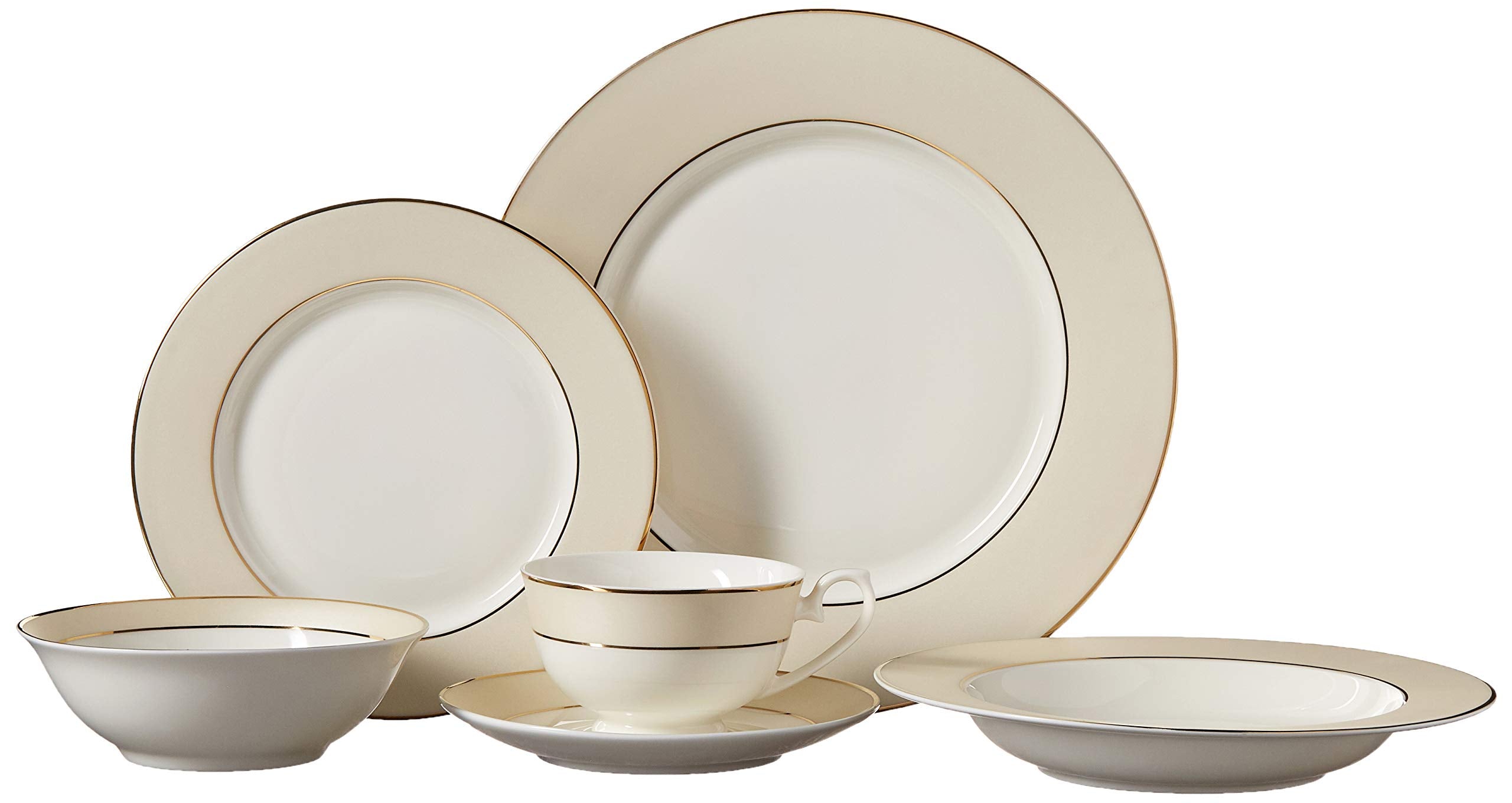 Lorren Home Trends La Luna Bone China 57-Piece Beige Border with 24K Gold Trim Dinnerware Set, Service for 8