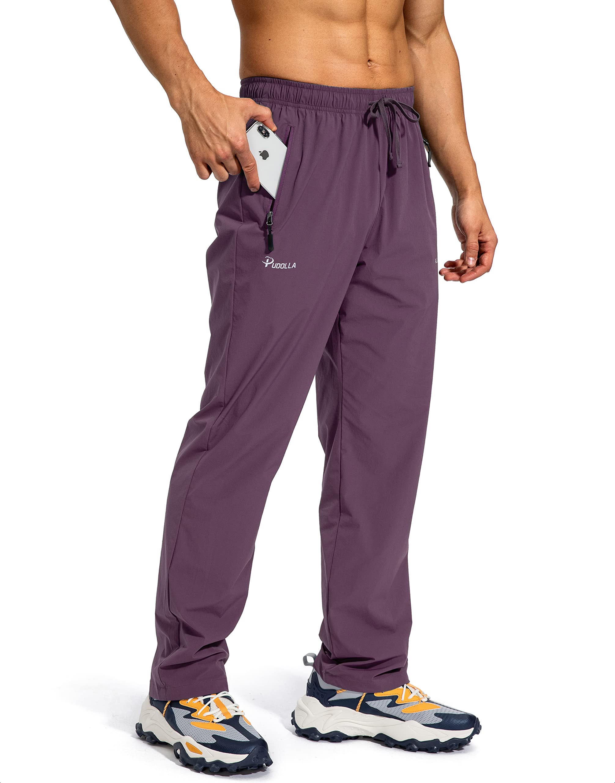 Pudolla Men's Workout Athletic Pants Elastic Waist Jogging Running Pants for Men with Zipper Pockets(Eggplant Large)