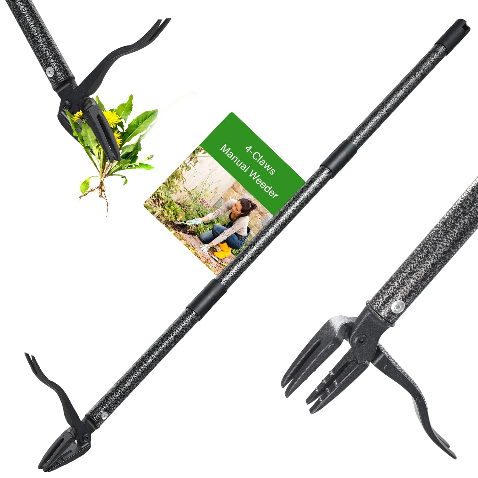 Weed Puller Tool, Stand Up Manual Weeder, Heavy Duty Garden Weeding Tool with 60 inch Long Handle,4 Claw Steel Head, Uprooting Dandelion Removal Gardening Tools for Lawn Grass Grabber