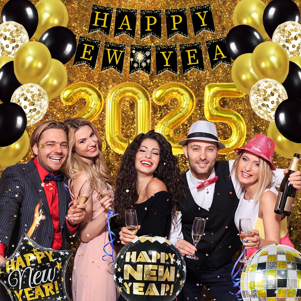 IMISHM Happy New Year Decorations 2025 New Years Party Decorations New Years Eve Party Supplies With Happy New Year Banner New Years Balloons Blowouts Squakers And Hats for New Years Decorations