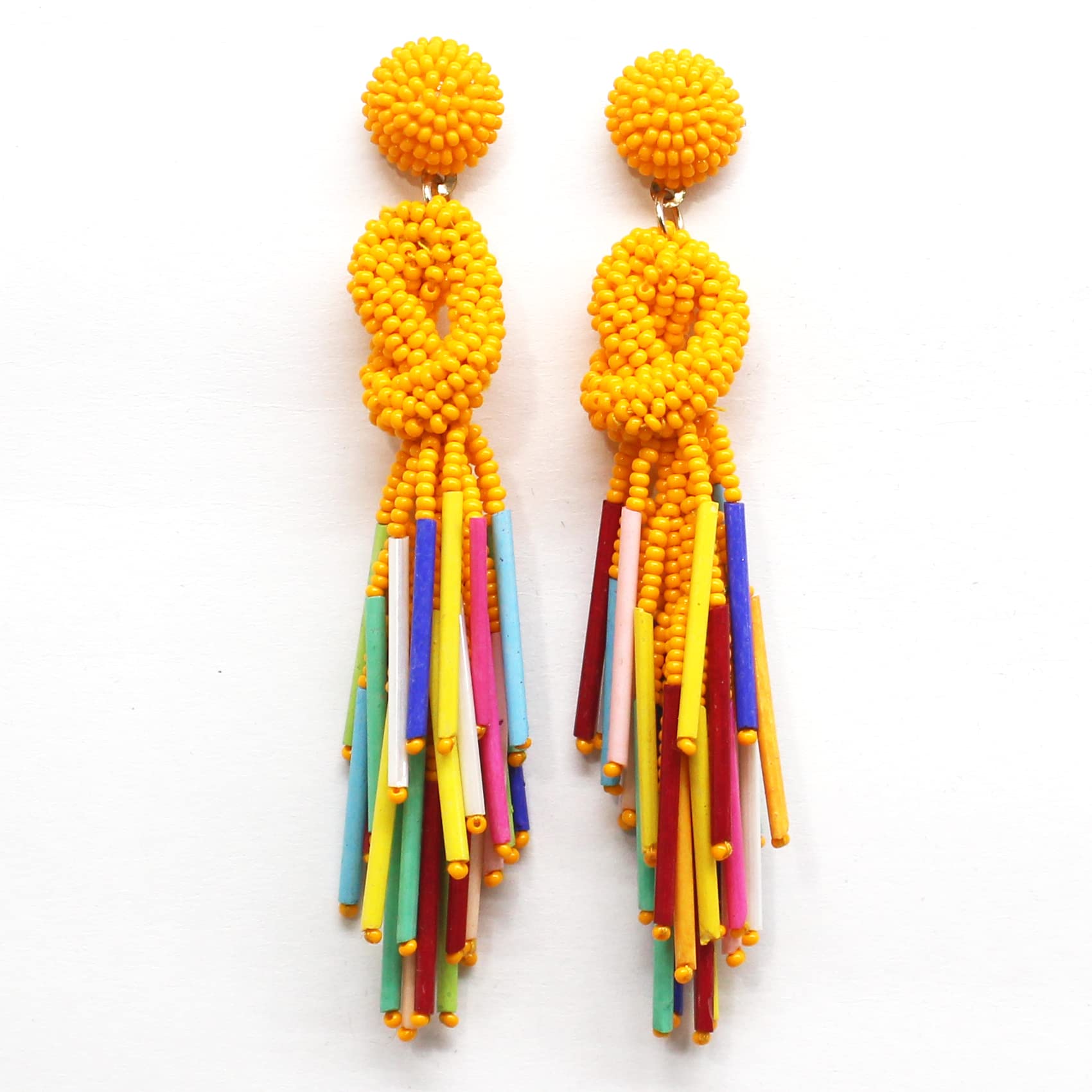 Handmade Beaded Solid Color Post Statement Earrings for Women All Season 4 inch Long (Orange Multi)