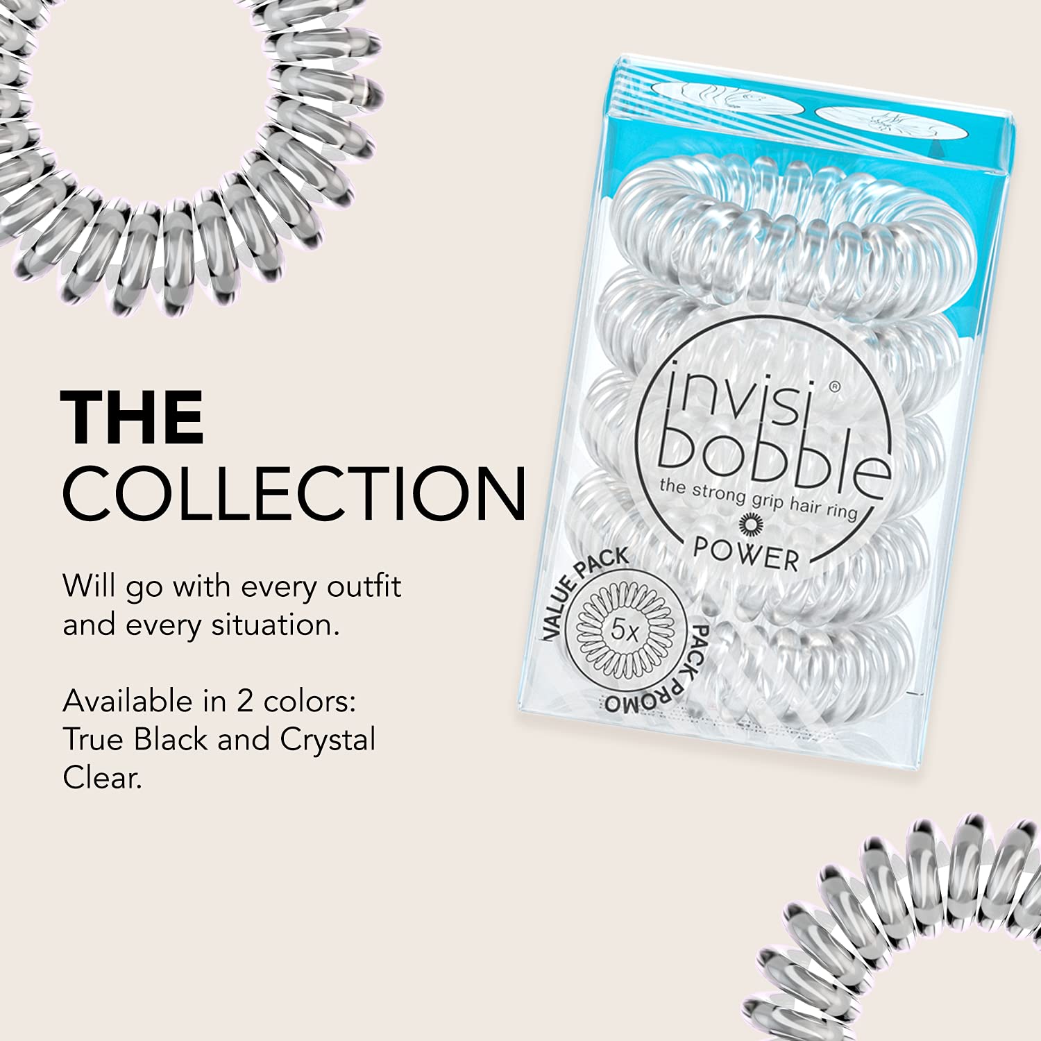 invisibobble Power Traceless Spiral Hair Ties - 5 Pack - Crystal Clear - Strong Elastic Grip Coil Hair Accessories for Active Women - No Kink, Non Soaking - Gentle for Girls Teens and Thick Hair