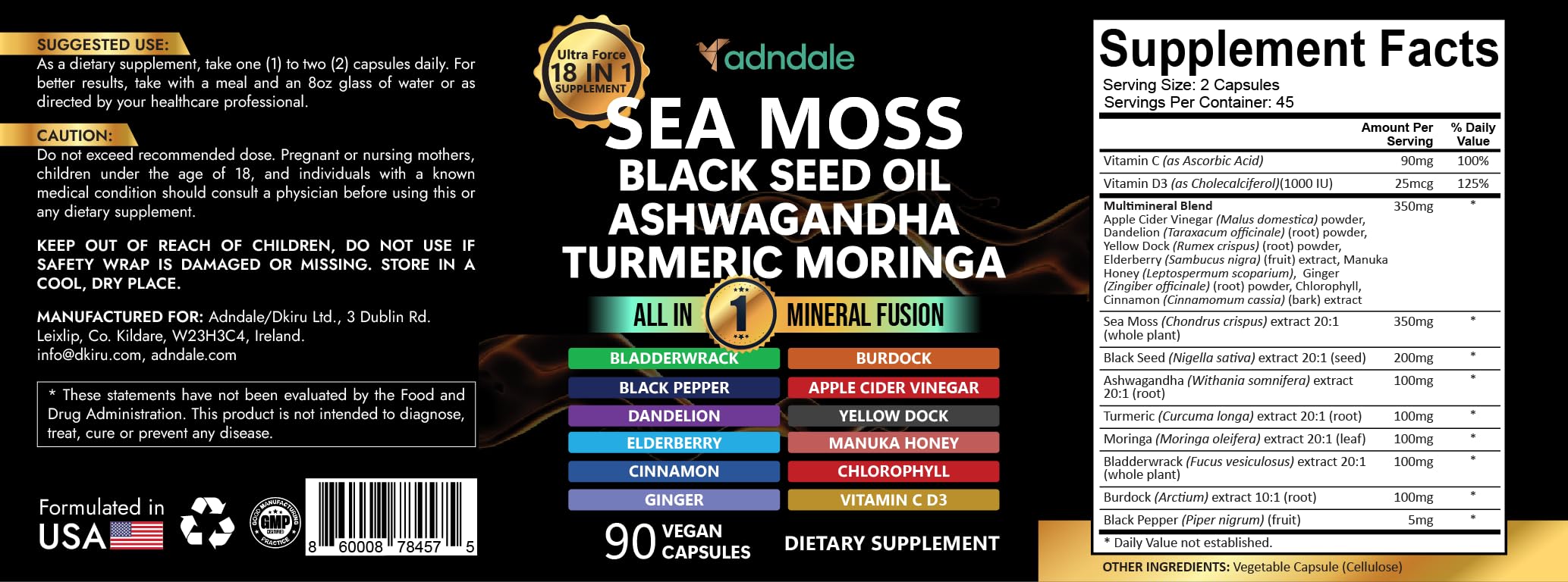 Adndale Sea Moss Black Seed Oil Ashwagandha Ginger Capsules. SeaMoss Capsules with Black Seed Oil, Ashwagandha, Turmeric, Moringa, Bladderwrack, Burdock Root, Manuka Honey, Cinnamon