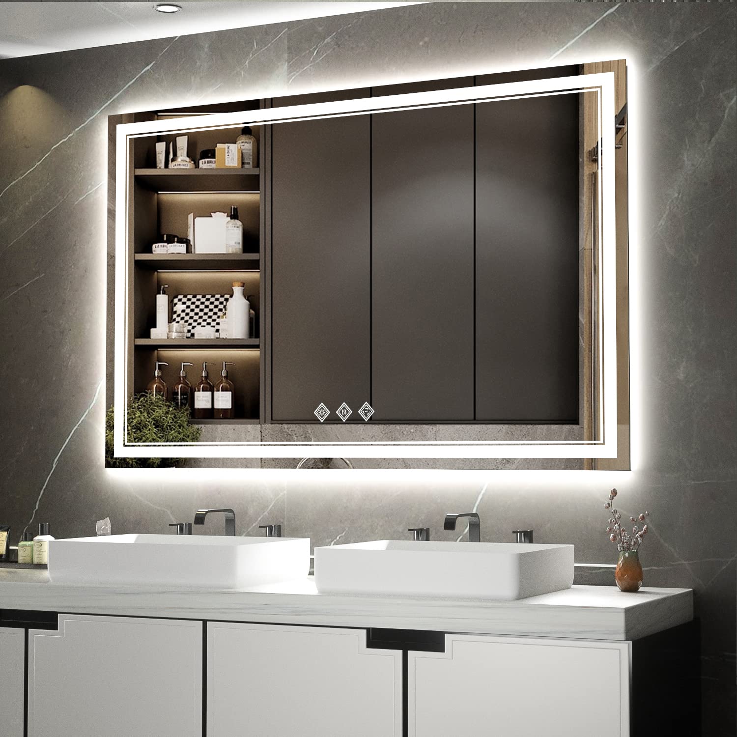 VanPokins Bathroom Mirror with Lights, 60x40 Inch Gradient Front and Backlit Mirror, 3 Colors Dimmable CRI>90 Double Lights, IP54 Enhanced Anti-Fog, Hanging Plates Wall Mount Lighted Bathroom Mirror