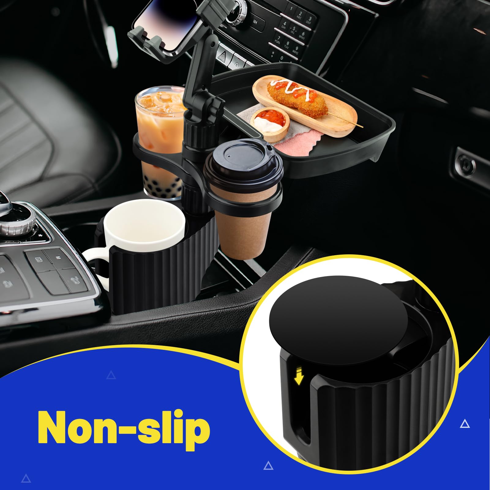 Bvdfgk Car Cup Holder Tray - Adjustable Car Cup Holder Phone Mount with Food Tray 5 in 1 Swivel Expander for All Purpose, Automotive Extender Accessories Gifts for Auto Trucker Road Trip