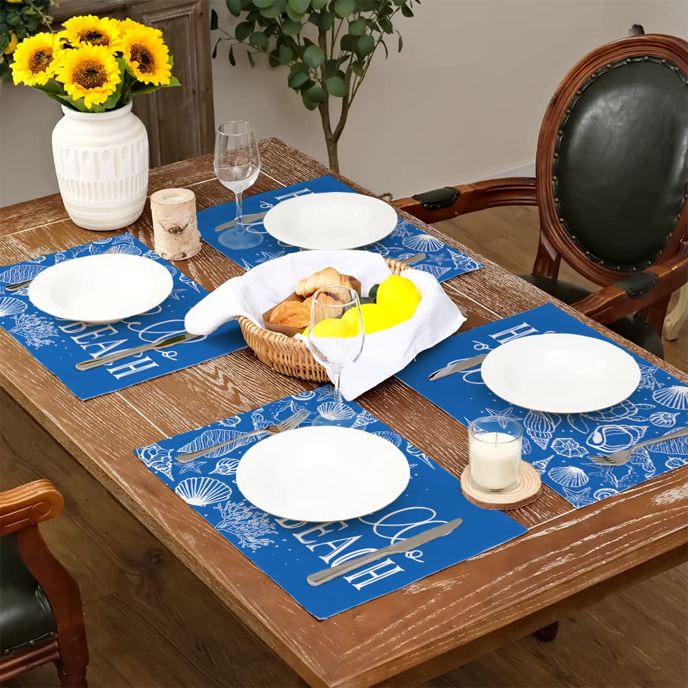 GEEORY Hello Beach Summer Placemats 12x18 Inch Set of 4 Blue Shell Turtle Farmhouse Rustic Holiday Kitchen Dining Table Decoration for Indoor Outdoor Dinner Party Décor GP065