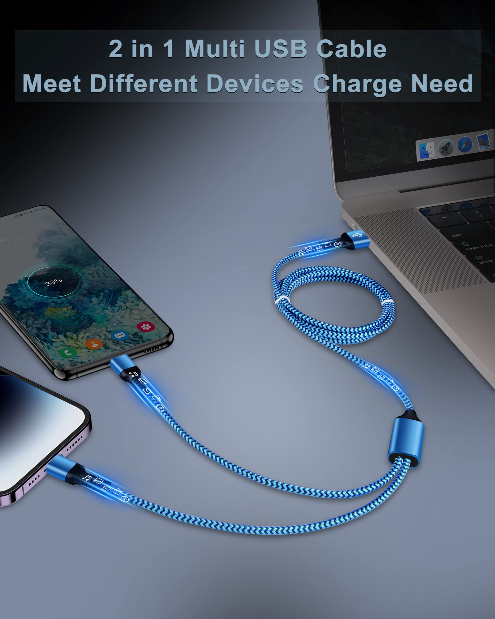 Multiple Charger Cable 2 in 1 iPhone and Android USB Charging Cable, 4ft Nylon Braided Multi Charging Cable with Type-C/Lightning Port for iPhone 16 15 14 Pro Max Plus 13 12 11, iPad, Samsung, Google