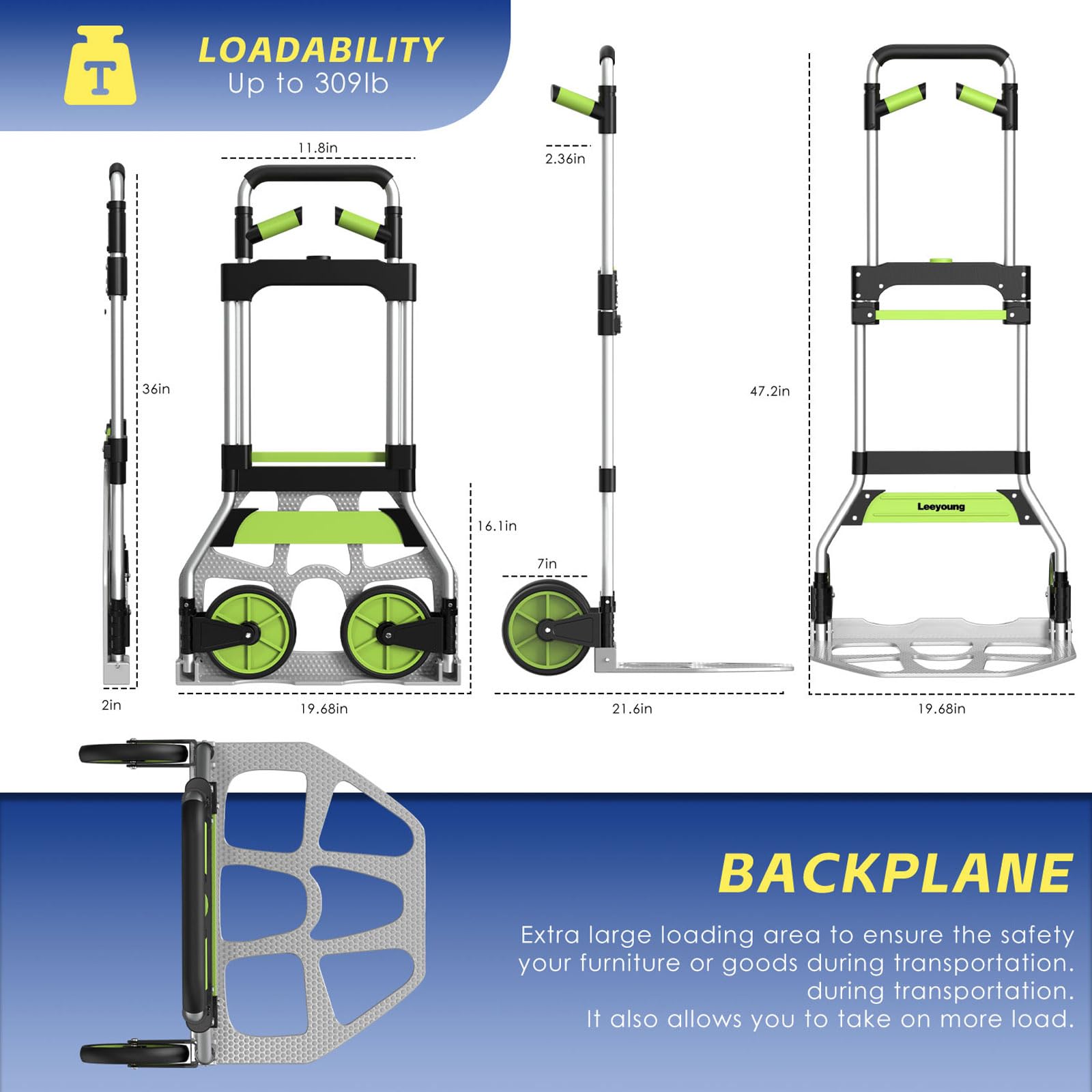 Leeyoung Folding Hand Truck and Dolly,309 lb Capacity Aluminum Portable Cart with Telescoping Handle and PP+EVA Wheels