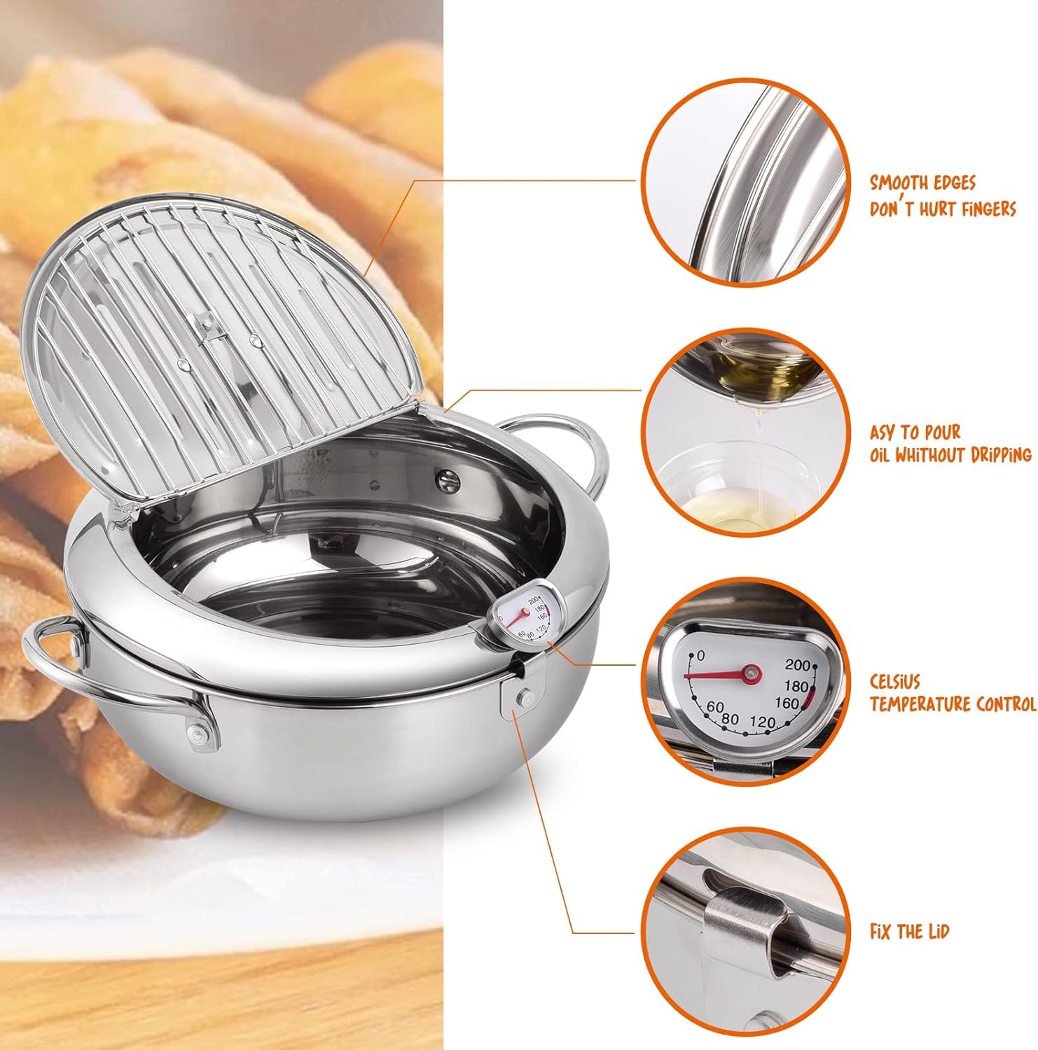 Deep Fryer Pot,Oxydrily Japanese Tempura Deep Fryer Stainless Steel Frying Pot With Thermometer