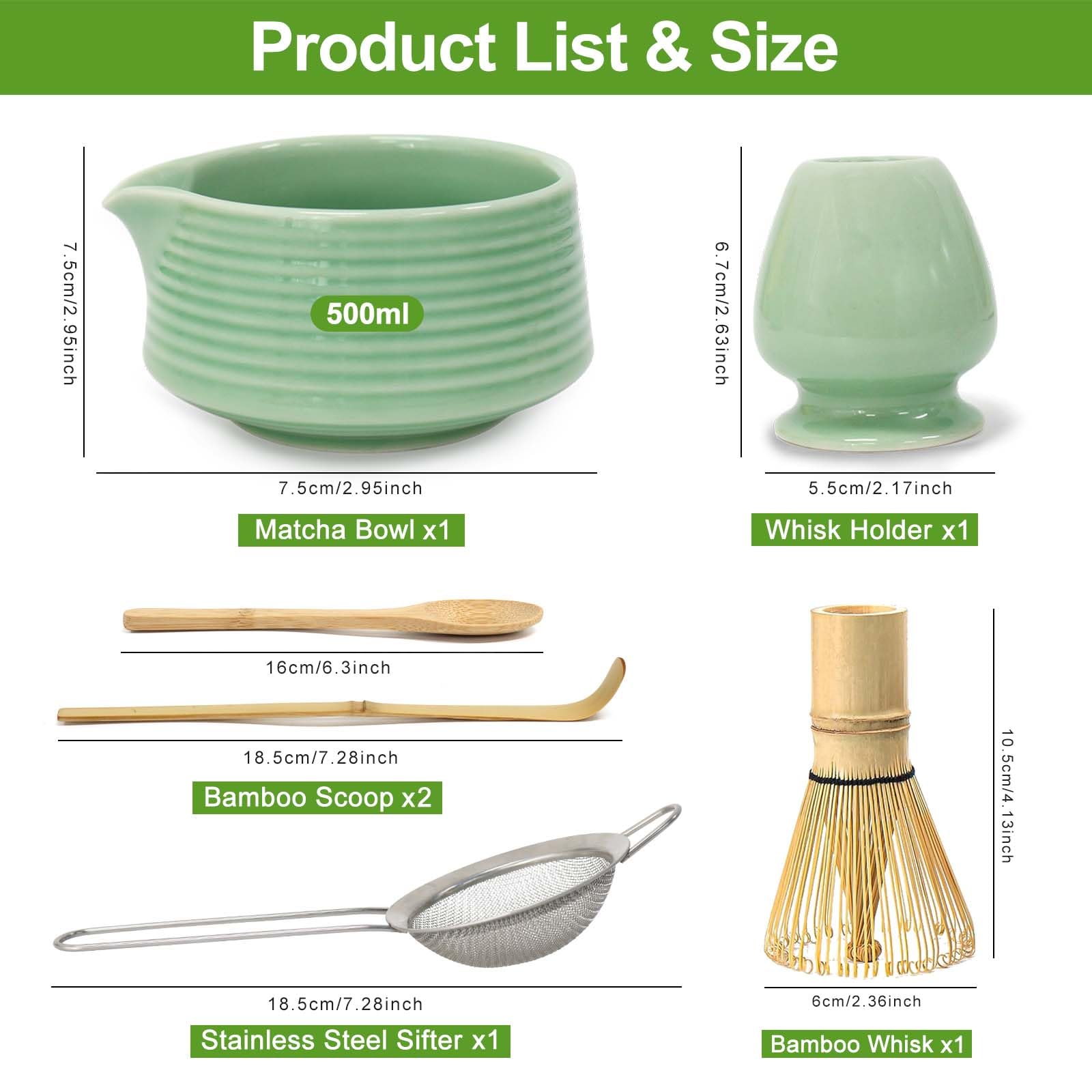 Matcha Whisk Set, 6 Pcs Matcha Set Includes Matcha Bowl with Spout, Matcha Whisk (Chasen), Matcha Whisk Holder, Sifter, Bamboo Spoon & Scoop - Complete Matcha Tea Ceremony Kit, Gift for Matcha Lovers