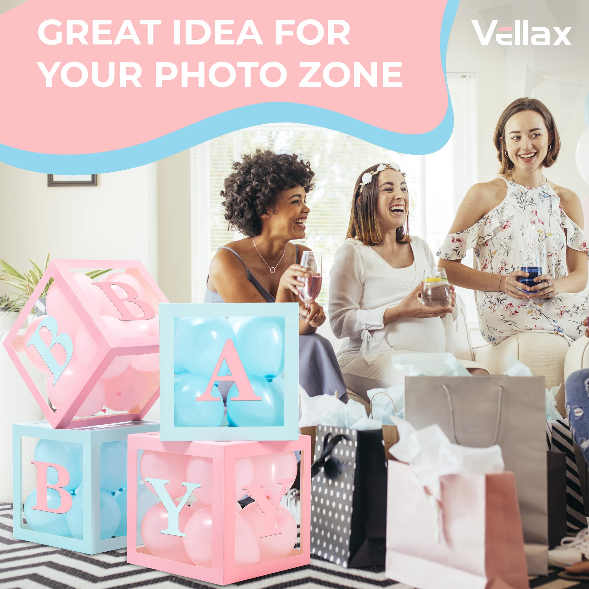 Baby Shower Boxes with Letters – Pink And Blue Boxes with Pink & Blue Balloons – 44-Piece Gender Reveal & Party Decoration Set by Vellax