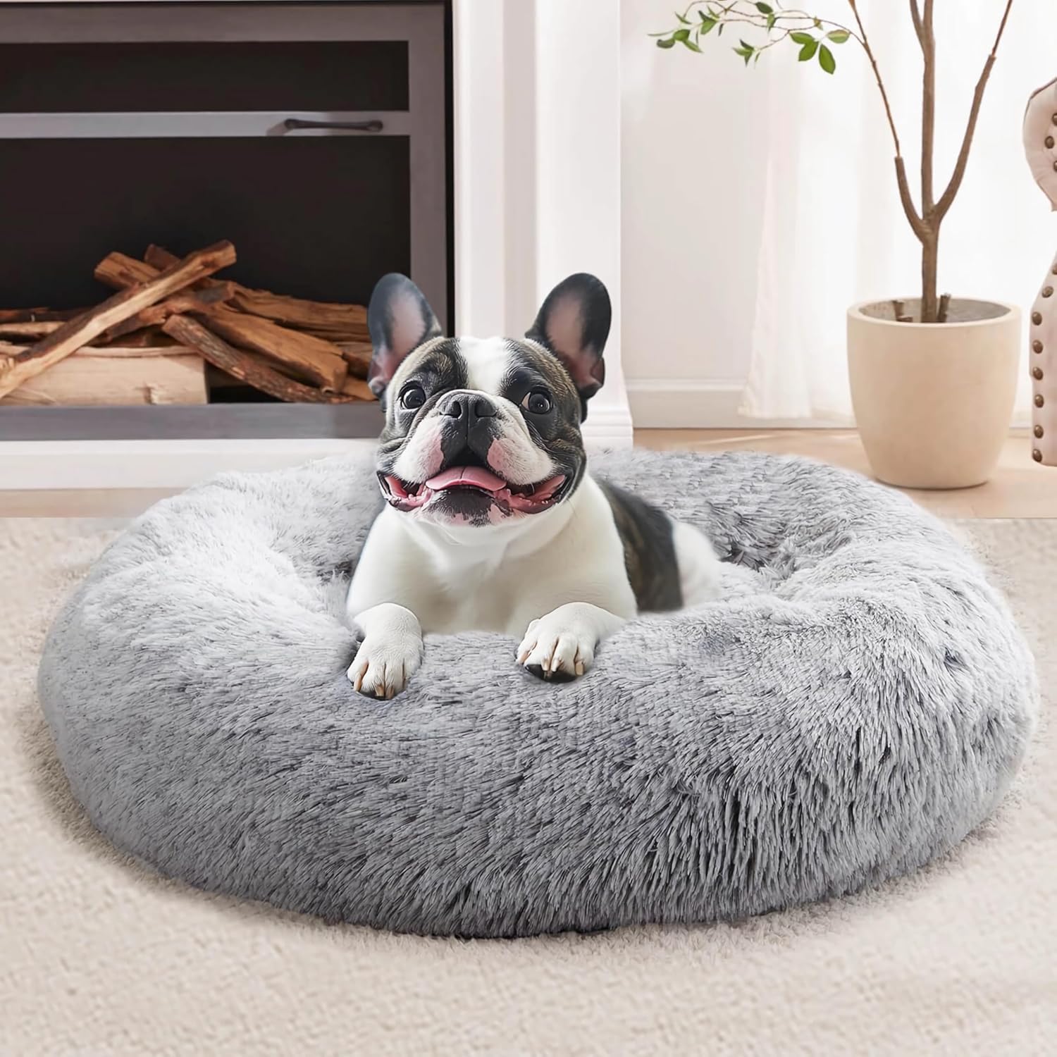 JOLLYVOGUE Donut Dog Bed, Comfort Round Dog Bed, Anti-Anxiety Calming Cuddler Dog & Cat Bed, Fluffy Faux Fur Cushion Bed for Small Medium Dogs and Cats, 20"