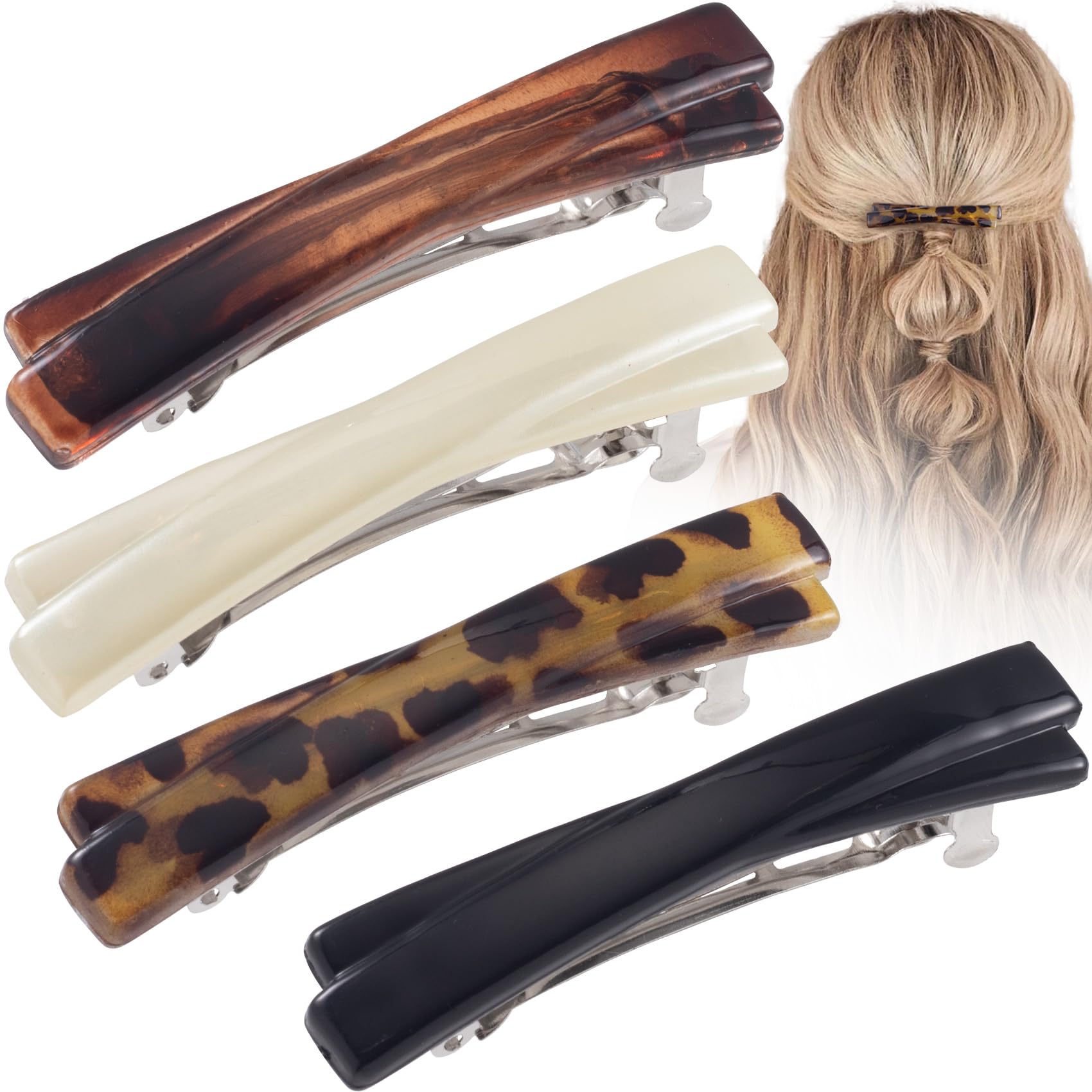 STSTR 4PCS French Barrette Hair Clips for Women, 2.5 Inch Small Tortoise Shell Hair Clip, Curved Glossy Thin Hair Flat Hair Accessories for Women (Black, White, Leopard Color, Amber)