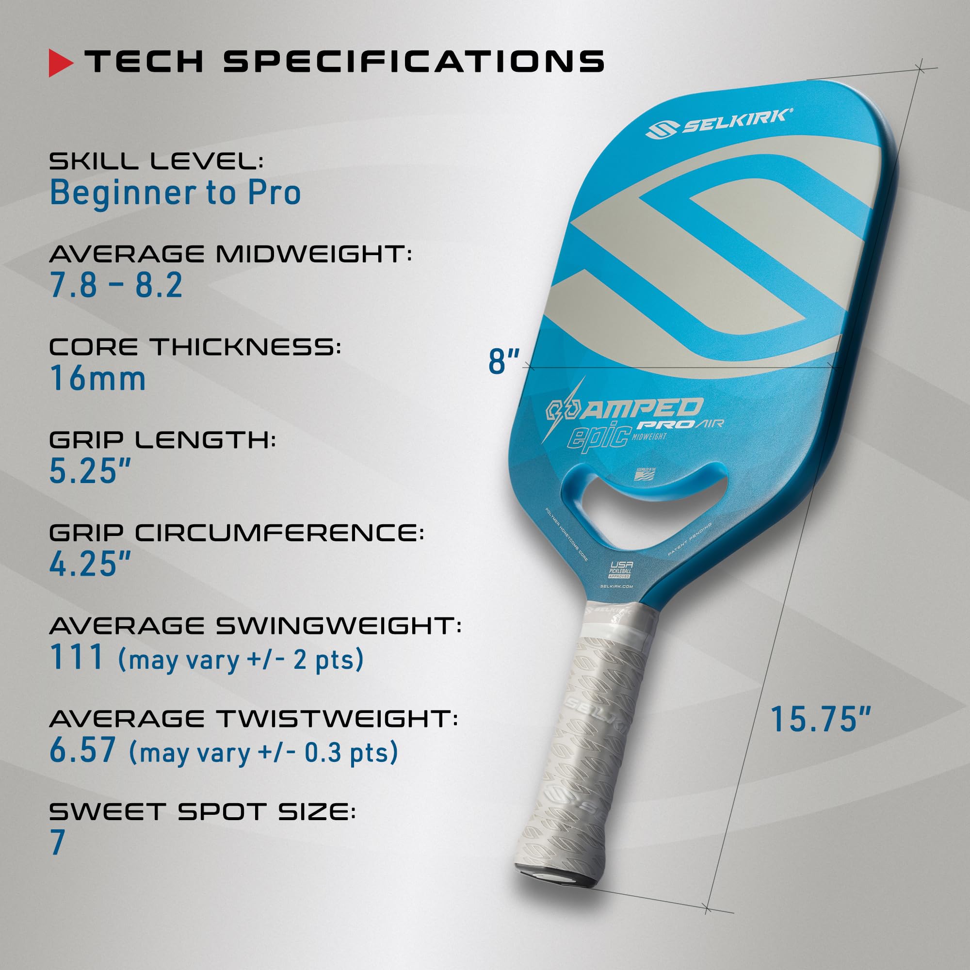 2024 Selkirk Amped Pro Air Pickleball Paddle | Fiberglass Pickleball Paddle with a Polypropylene X5+ 16mm Core | Throatflex | Flex Foam | Pickleball Rackets Made in The USA | Epic Blue