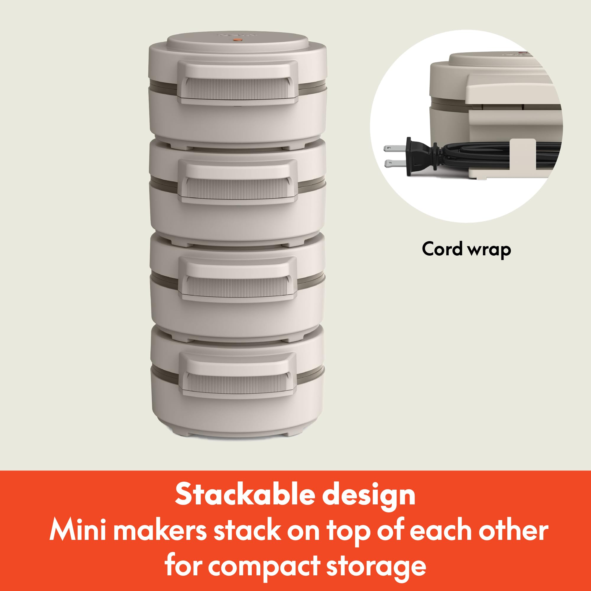bella Snack-n-Store Mini Waffle Maker, EverGood™ Ceramic Nonstick Coating, Cord Wrap, Ready Indicator Light & Cool Touch Handles, Stackable Design & Customizable Plates, 350 Watt, Oatmilk