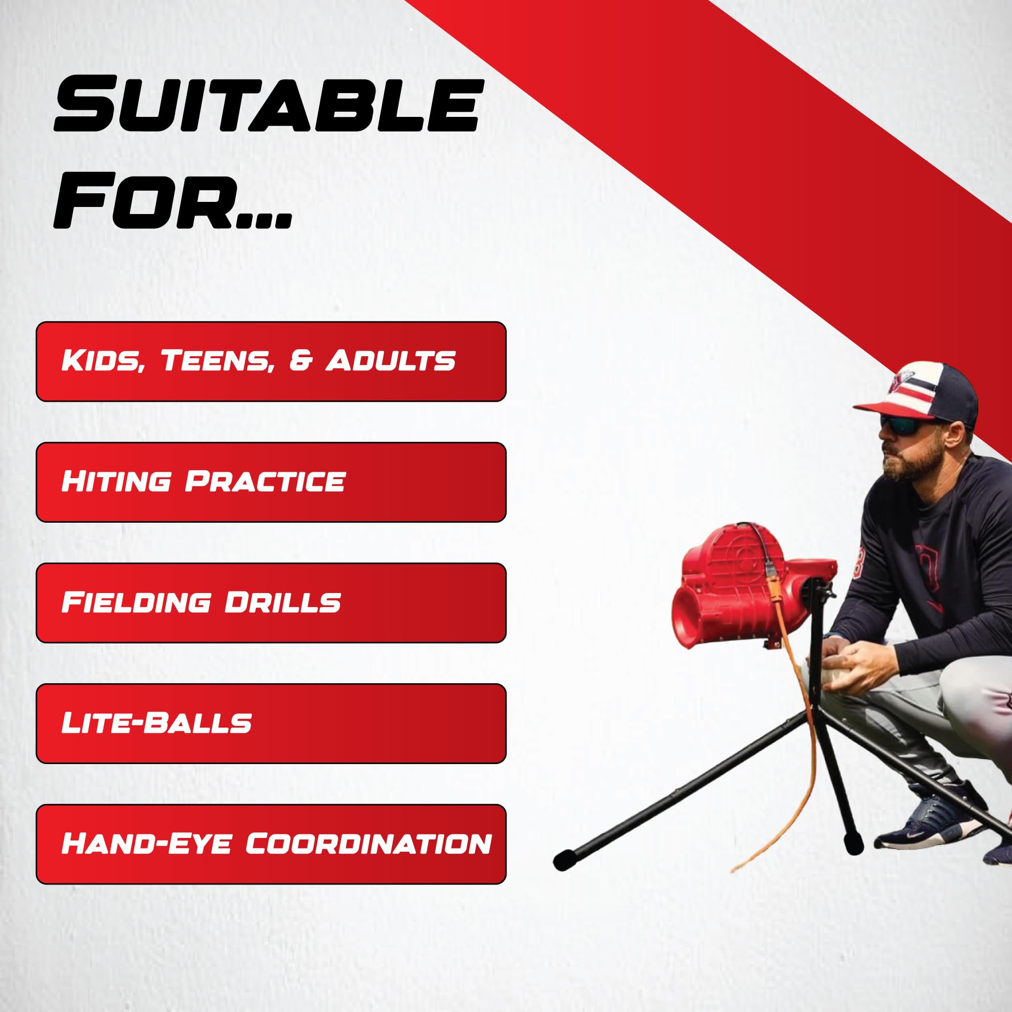 Heater Sports Power Alley Lite 360 Baseball Pitching Machine - Pitches Lite Balls 40-80 MPH Fastballs, Sliders, & Curves | Accurate, Durable, & Portable Training Tool for Batting & Field Practice