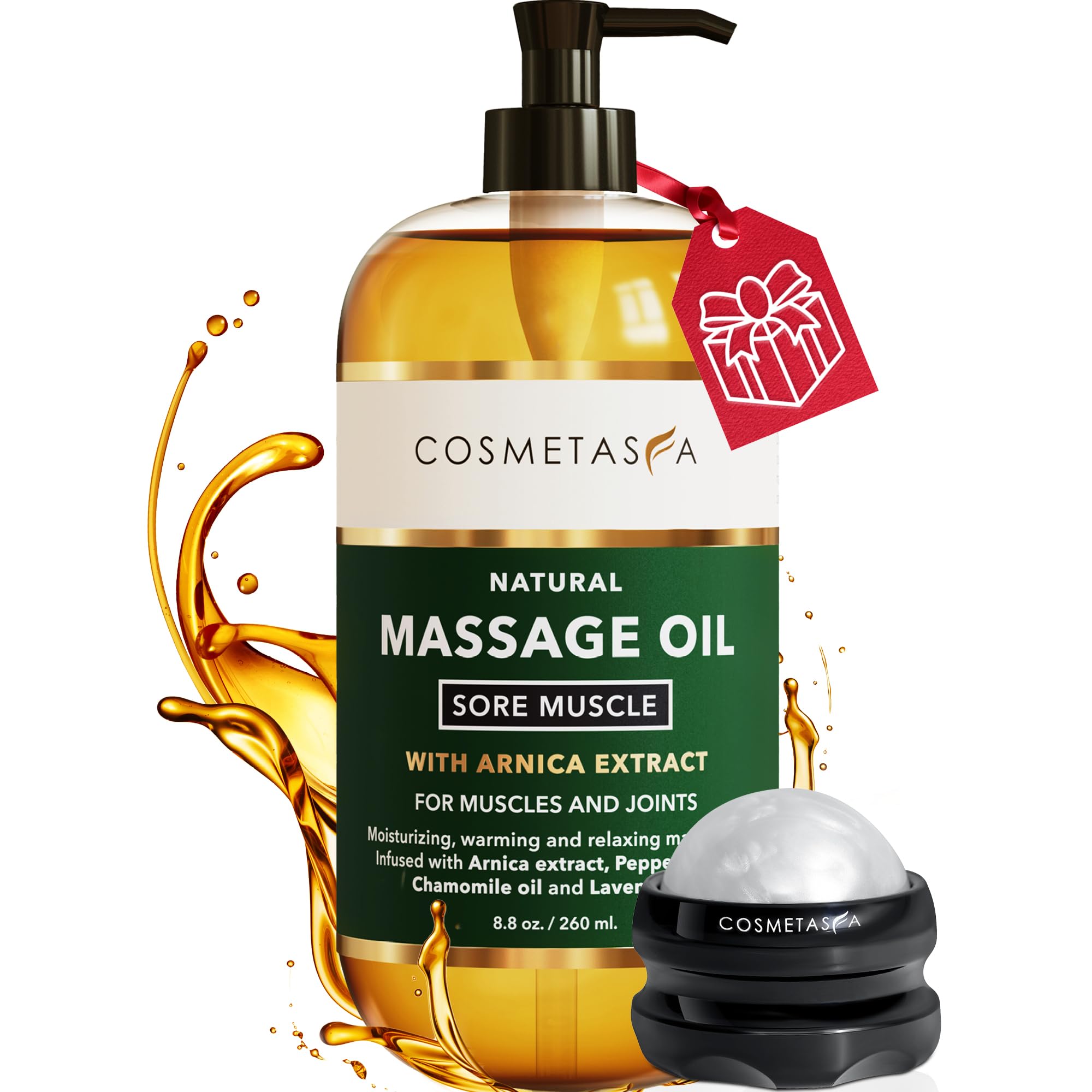 Cosmetasa Massage Oil for Sore Muscles with Roller Ball - Soothes Joints & Muscles with Arnica, Lavender Oil, Peppermint Oil & Chamomile Extract, Perfect Stocking Stuffers