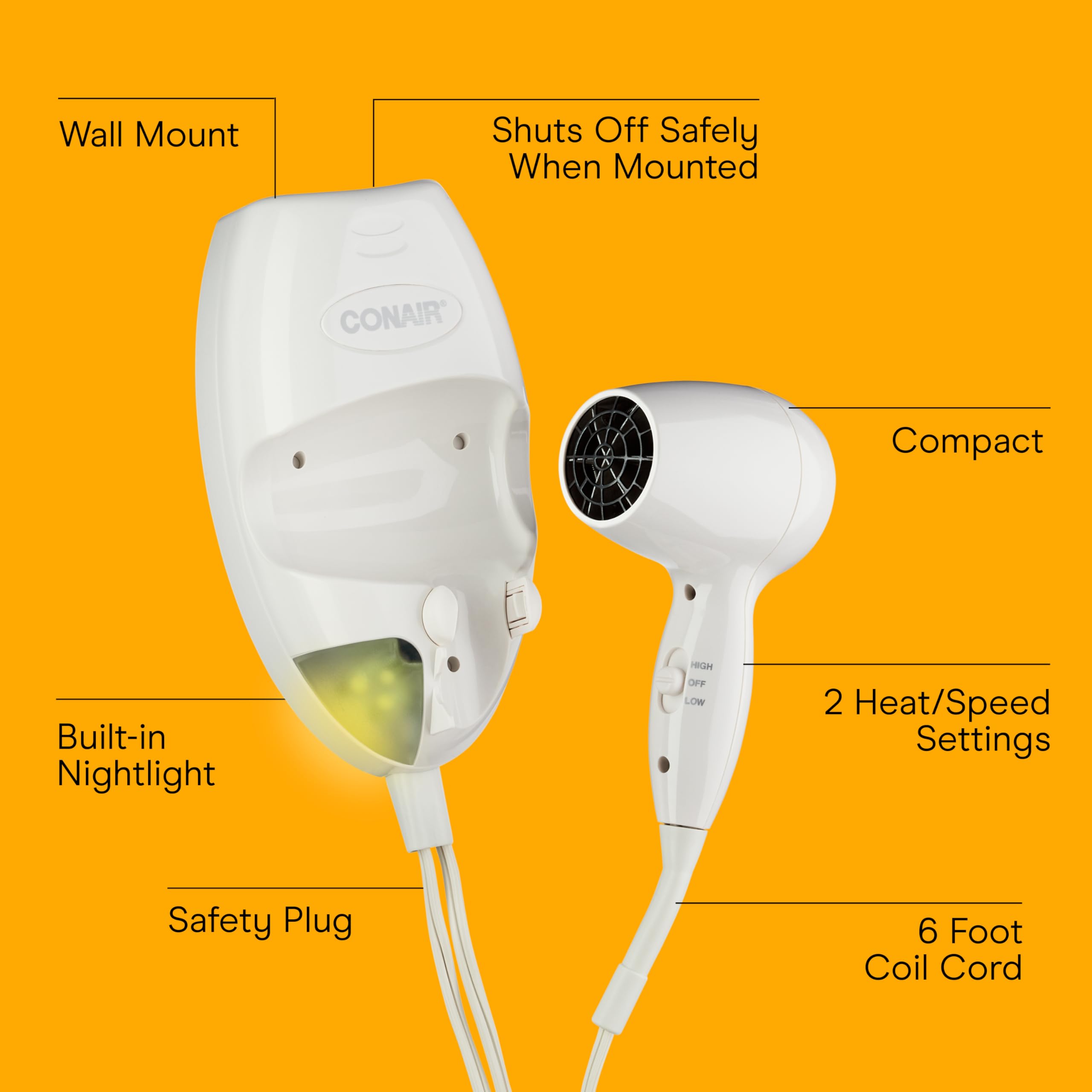 Conair Wall-Mount Hair Dryer, 1600W Blow Dryer with LED Nightlight, 2 Heat 2 Speed Settings, White