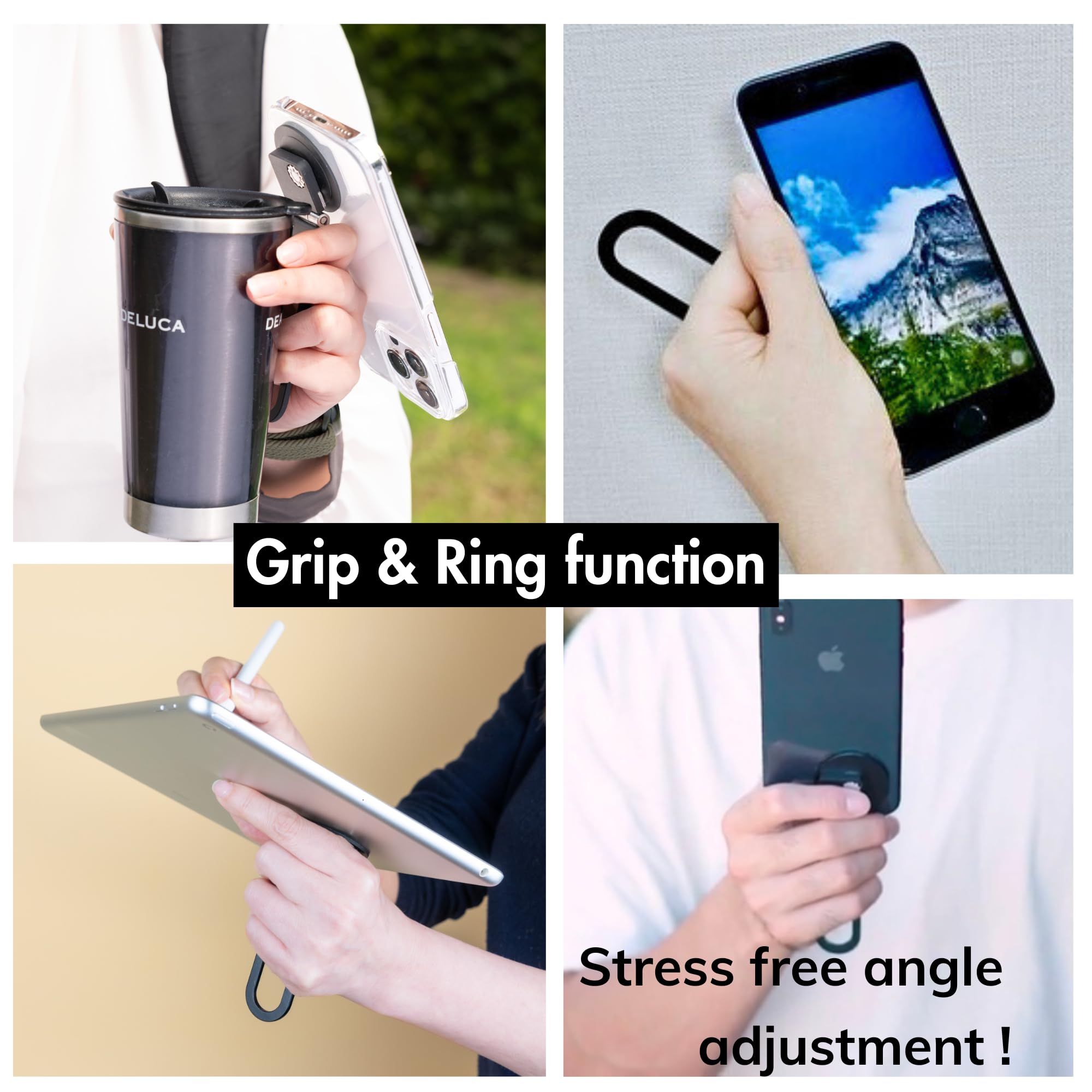 Pep Bar Cell Phone Stand Compatible with MagSafe® Cherger 360° Rotation 180°flip Metal Foldable Compact Selfie Stick Grip Ring iPhone Android iPad Tablet Made in Japan (Black)