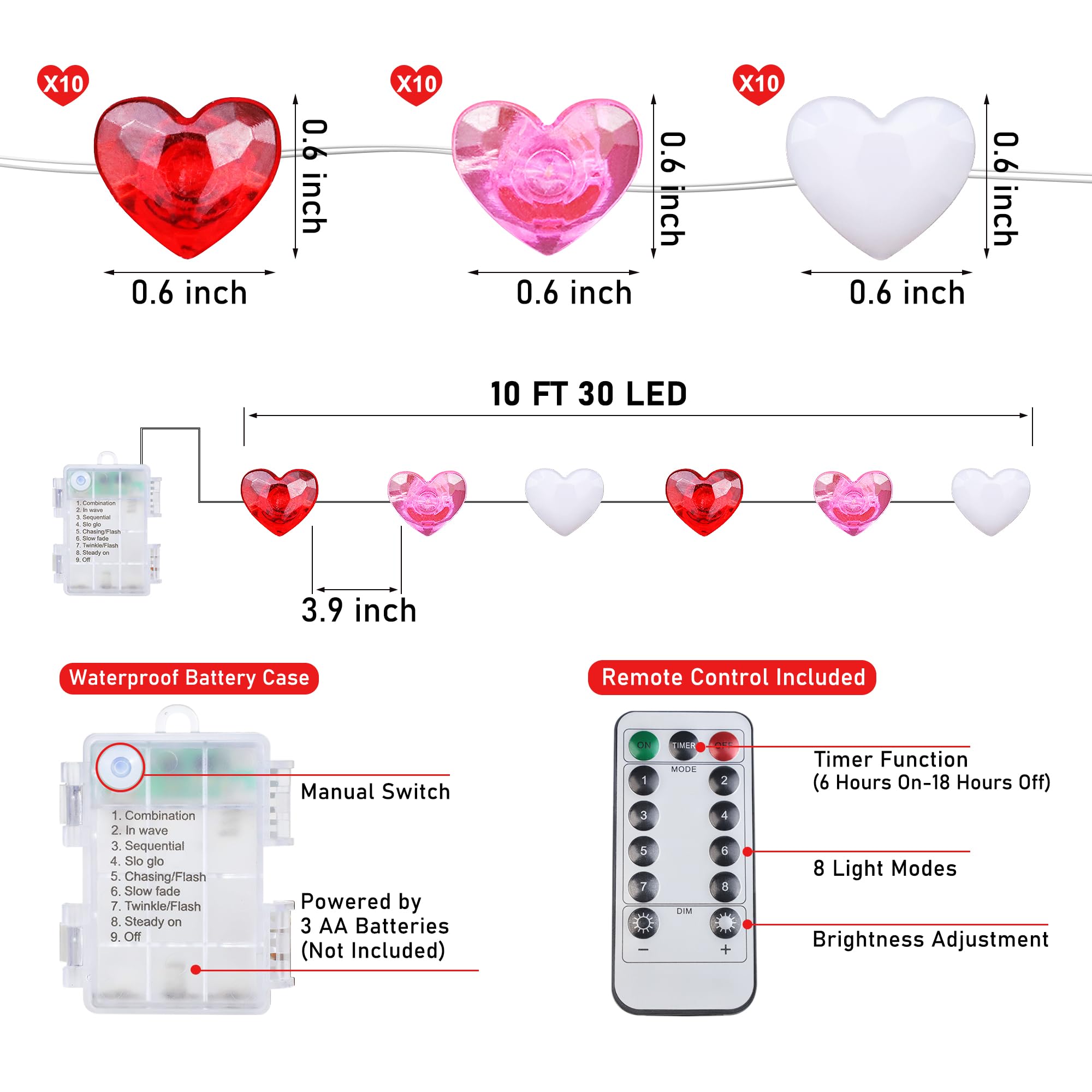 Valentines Day Decor 10FT 30 LED Valentine's Day Lights with Timer, Red Pink White Heart Lights String Battery Operated, 8 Modes Valentines Decorations Heart Fairy Lights Romantic Decor Home Bedroom