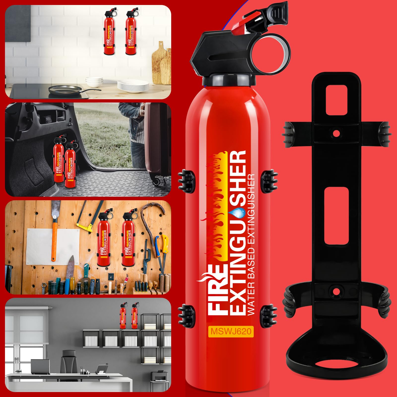 4 Pack Fire Extinguisher for Home with Wall Mount - 620ml Portable Fire Extinguisher for Car Vehicle Boat House Kitchen, Water-Based Fire Extinguisher for A, B, C, K Fire