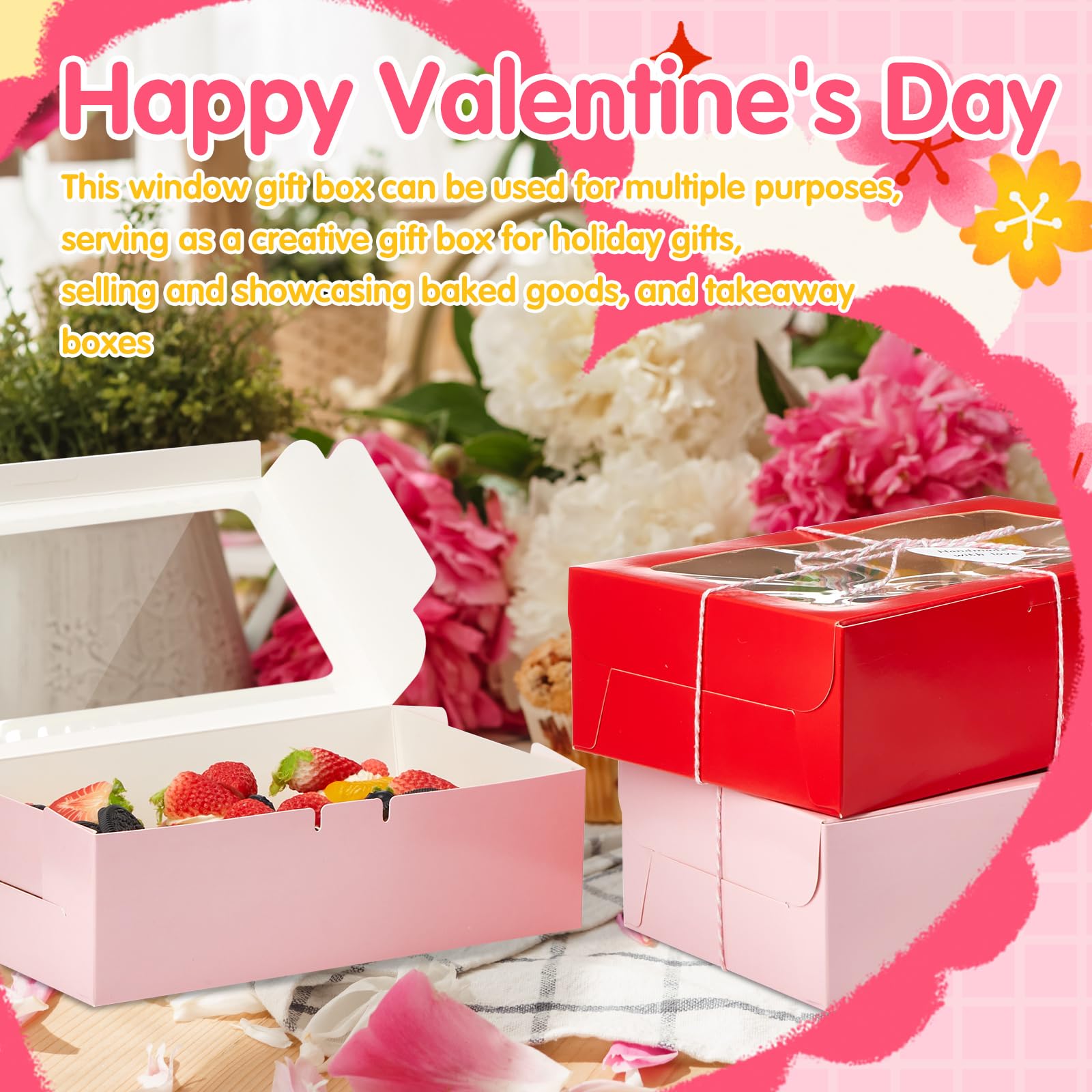 Maxcheck 50 Set Valentine's Day Cookie Boxes with Window 9x6x3 Inches Red Pink Bakery Box for Gift Giving with Rope Love Card for Christmas Mother's Day Chocolate Pastries Dessert Packaging