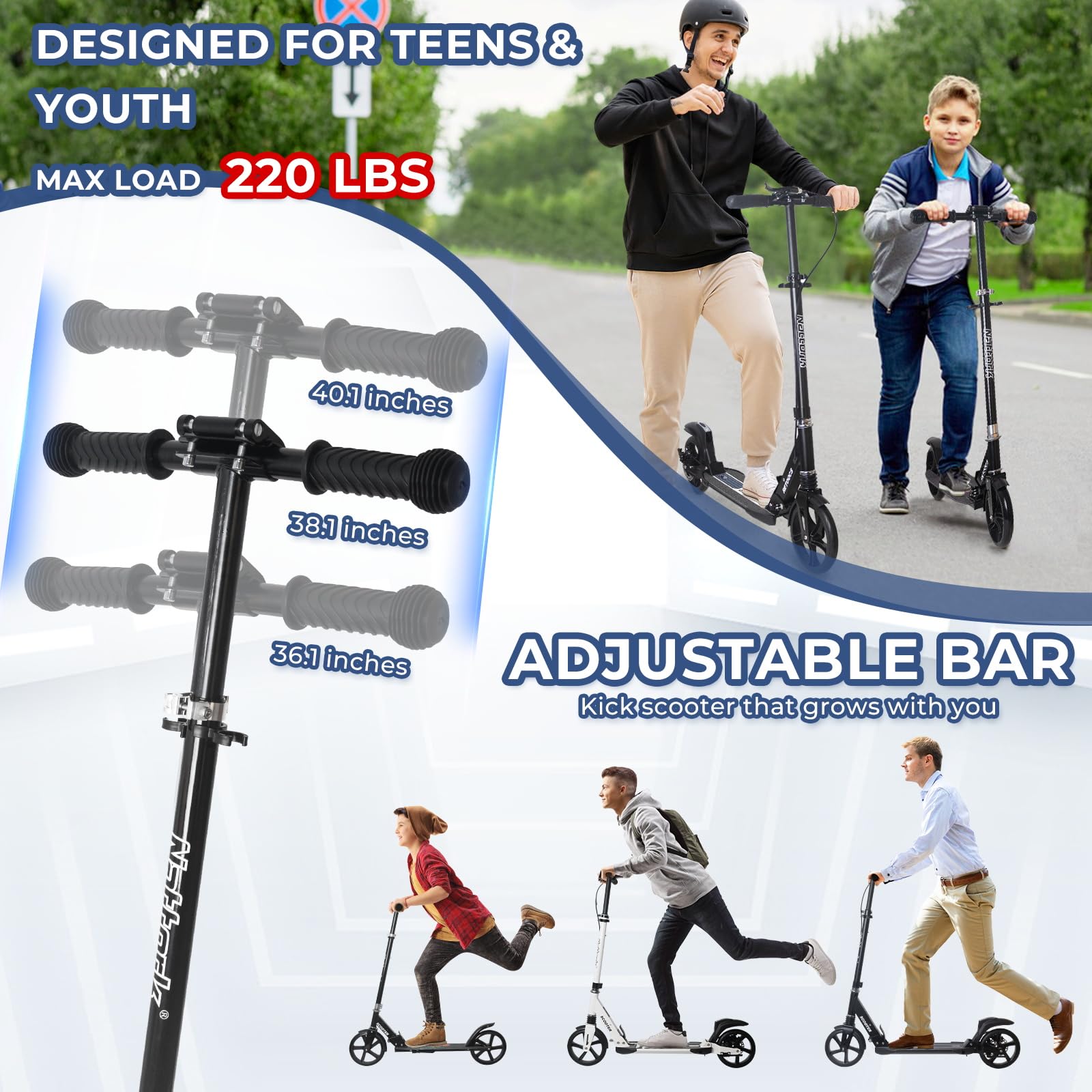 Nattork Scooter for Kids 8-12, Teens and Adults- Adjustable Height Folding Kick Scooter with Large Sturdy Wheels for a Smooth Ride, Lightweight, Anti-Shock Suspension for Boys and Girls-Black