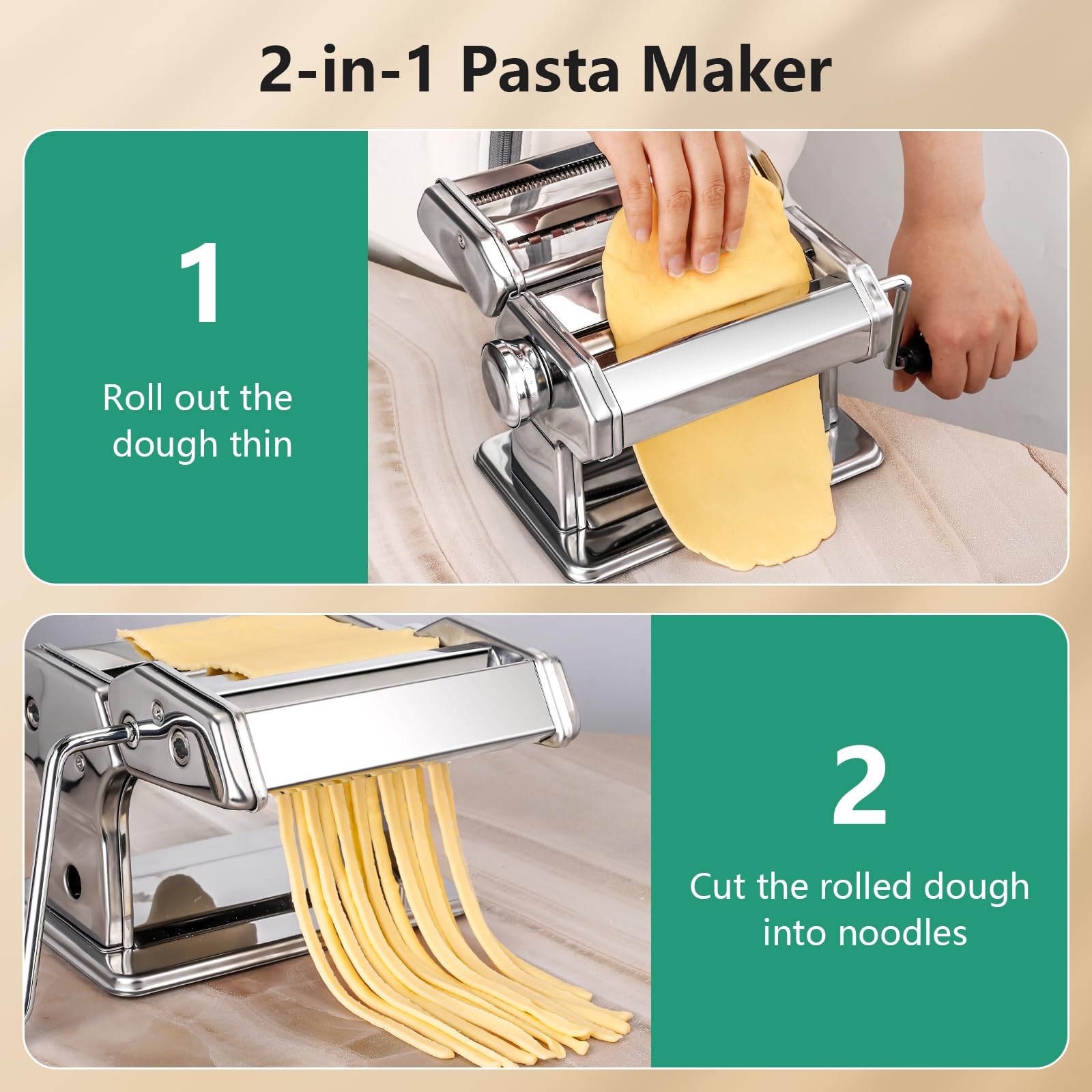 YASHE Manual Pasta Maker Machine, Stainless Steel Pasta Roller and Cutter with 7 Adjustable Thickness Settings, Dual Width Noodle Maker for Pasta, Spaghetti, Fettuccine, Lasagna