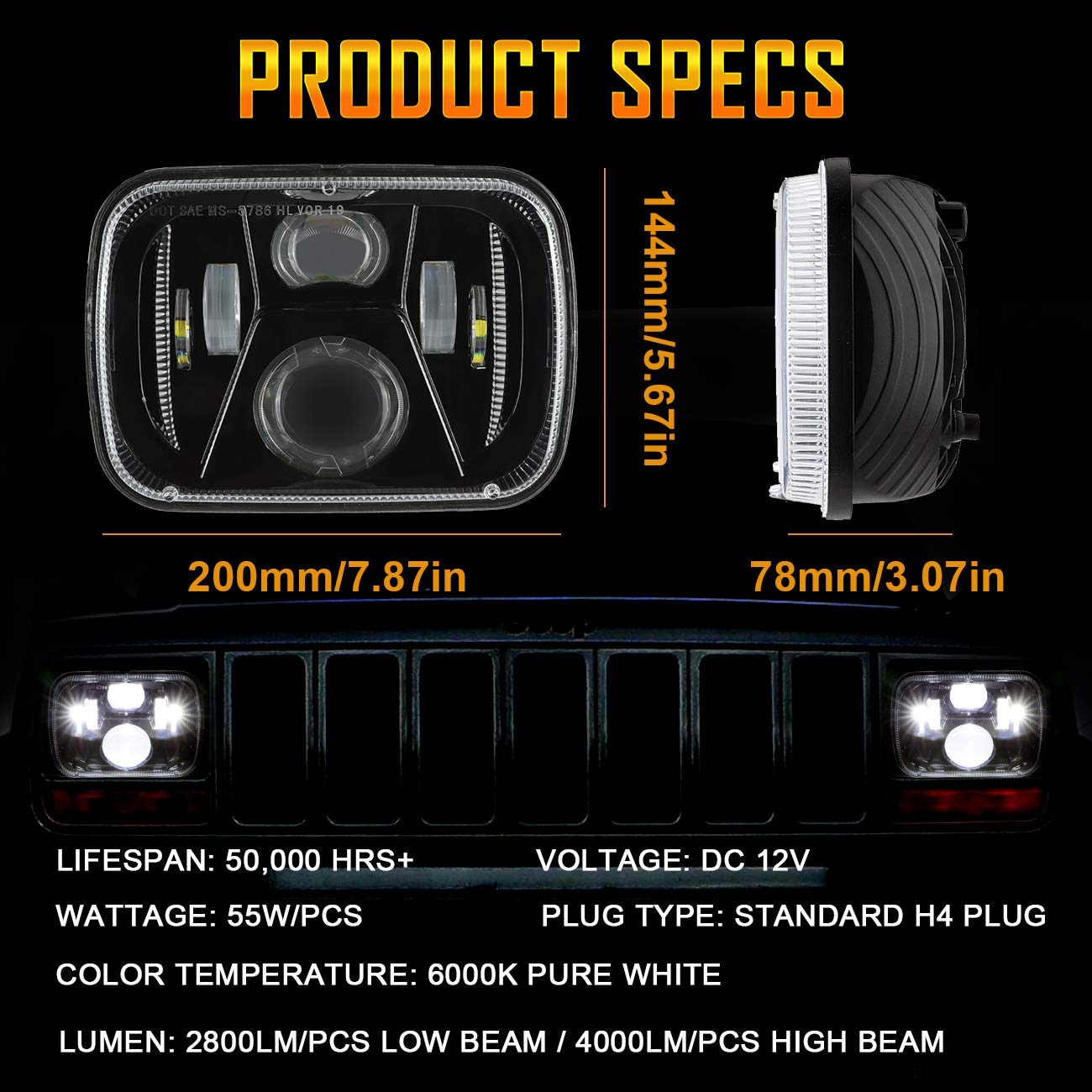 Auxbeam 5x7 7x6 Inch Led Headlights with High Low Beam DOT Approved H6054 6054 Led Rectangular Headlight for Jeep Wrangler YJ Cherokee XJ GMC Replacement H5054 H6054LL 69822 6052 6053 (Black)