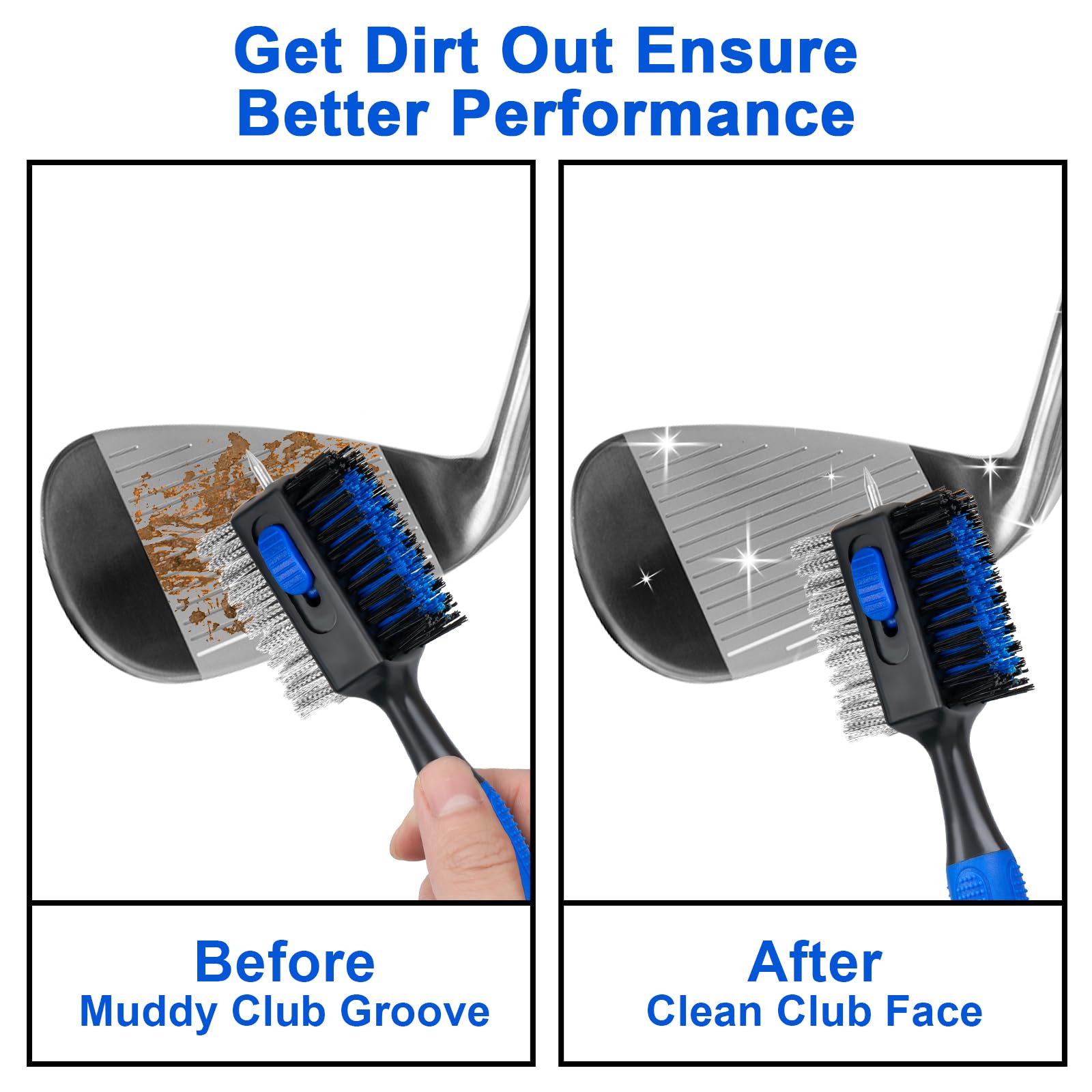 THIODOON 2 Pack Golf Club Cleaner Brush with Retractable Spike 2FT Extension Cord and Carabiner Lightweight Golf Club Groove Cleaning Brush Tool for Irons and Woods Comfortable Handle Grip