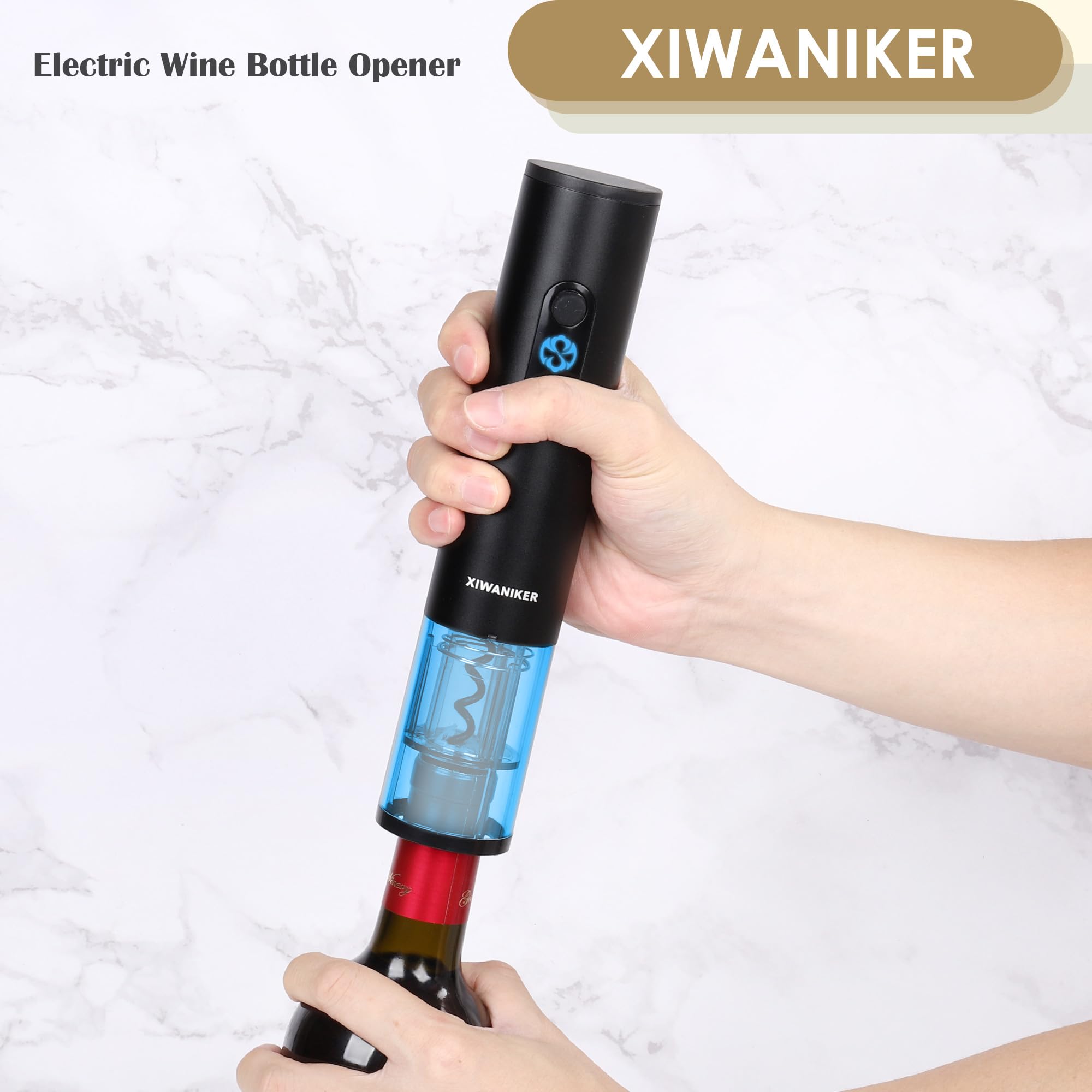 XIWANIKER Electric Wine Opener Set, Cordless Battery Operated Corkscrew, Storage Base, Foil Cutter, Pourer, 2pcs Vacuum Stoppers