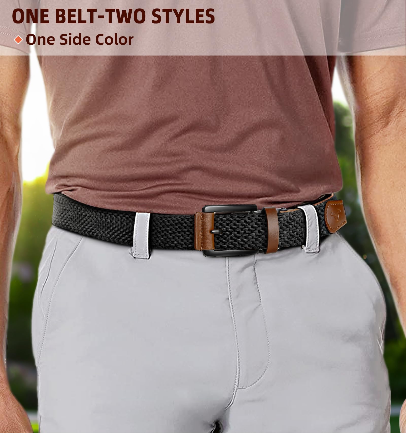 BULLIANT Men Belt Rerversible Golf Belt Stretch Braided for Gift Men 1 3/8"-2 In 1 Belt(Black/Light Brown,32"-36" Waist Adjustable)