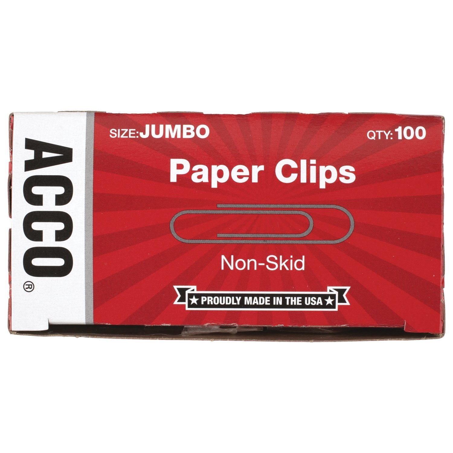 ACCO Non-Skid Paper Clips, No.4 Jumbo Size, Silver, Box of 100 Clips, 1 Box (72585)